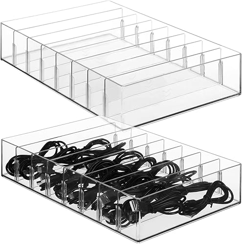 Paquete de 2 cajas de almacenamiento de cables transparentes, organizadores de plástico ajustables para cables de alimentación, cargadores y cables