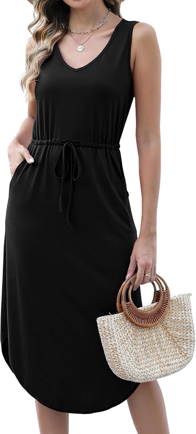 Hount Womens V Neck Sleeveless Casual T Shirt Dress Summer Midi Dress with Pockets