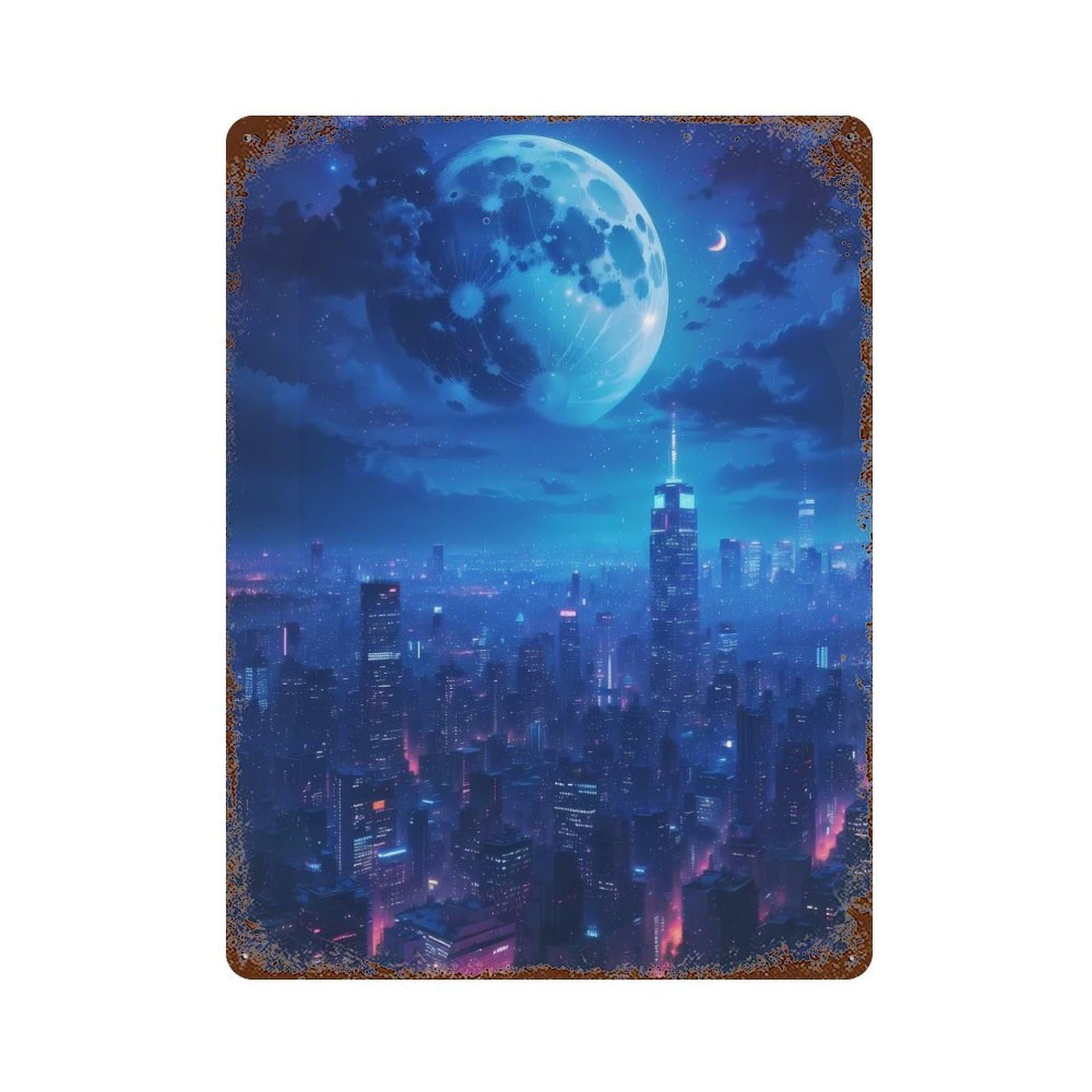 Celestial Cityscape 15.7"x11.8" Rust Effect Tin Sign, Vintage Wall Decor for Farmhouse, Kitchen And Entryway Decor