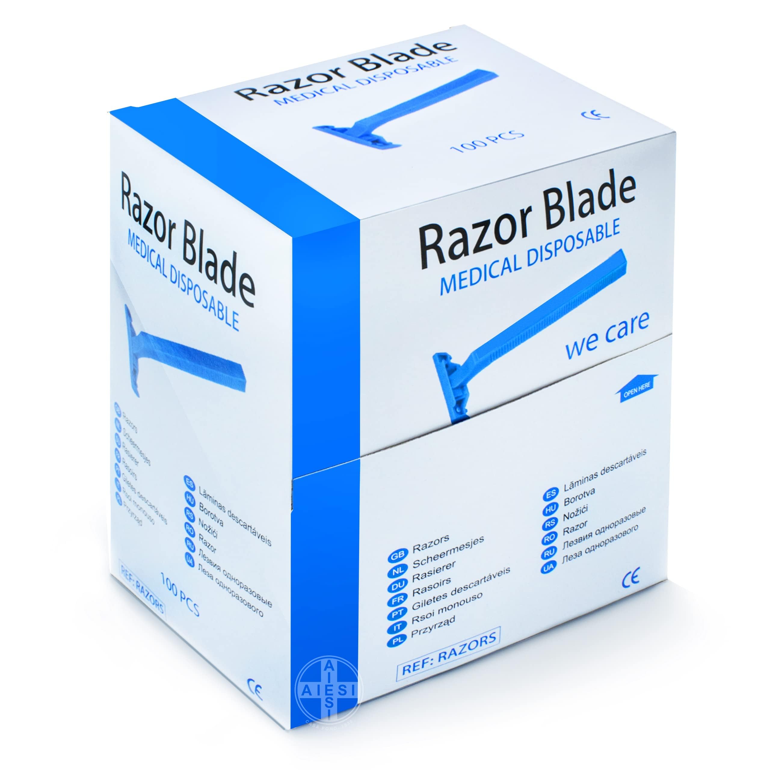 AIESI® Rasoi monouso per tricotomia monolama (100 pezzi) in acciaio inox con pettine e cappuccio di protezione