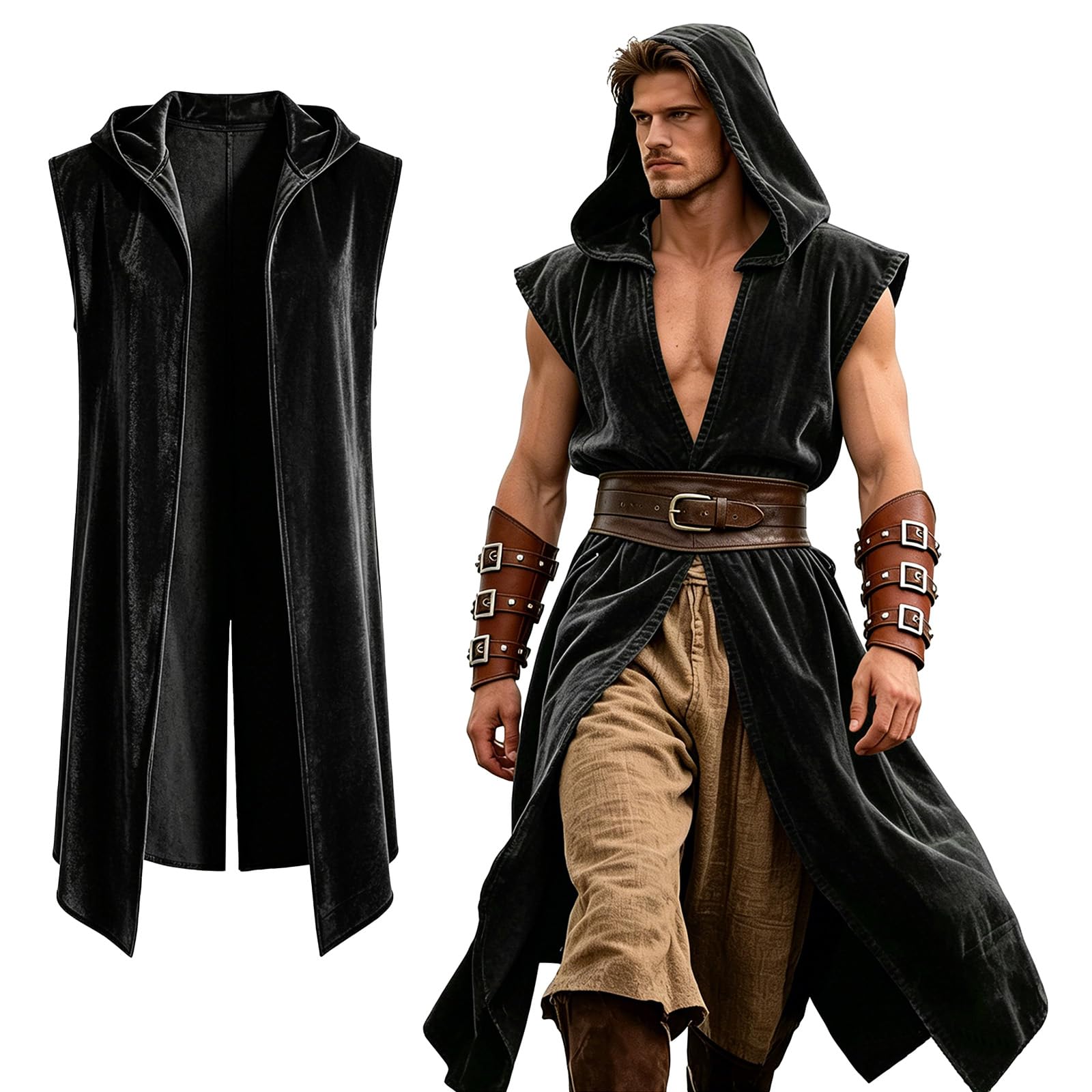 Capa medieval para hombre, túnica larga con capucha, frente abierto, aspecto de lino, para feria renacentista LARP, colores: negro, verde oliva, borgoña