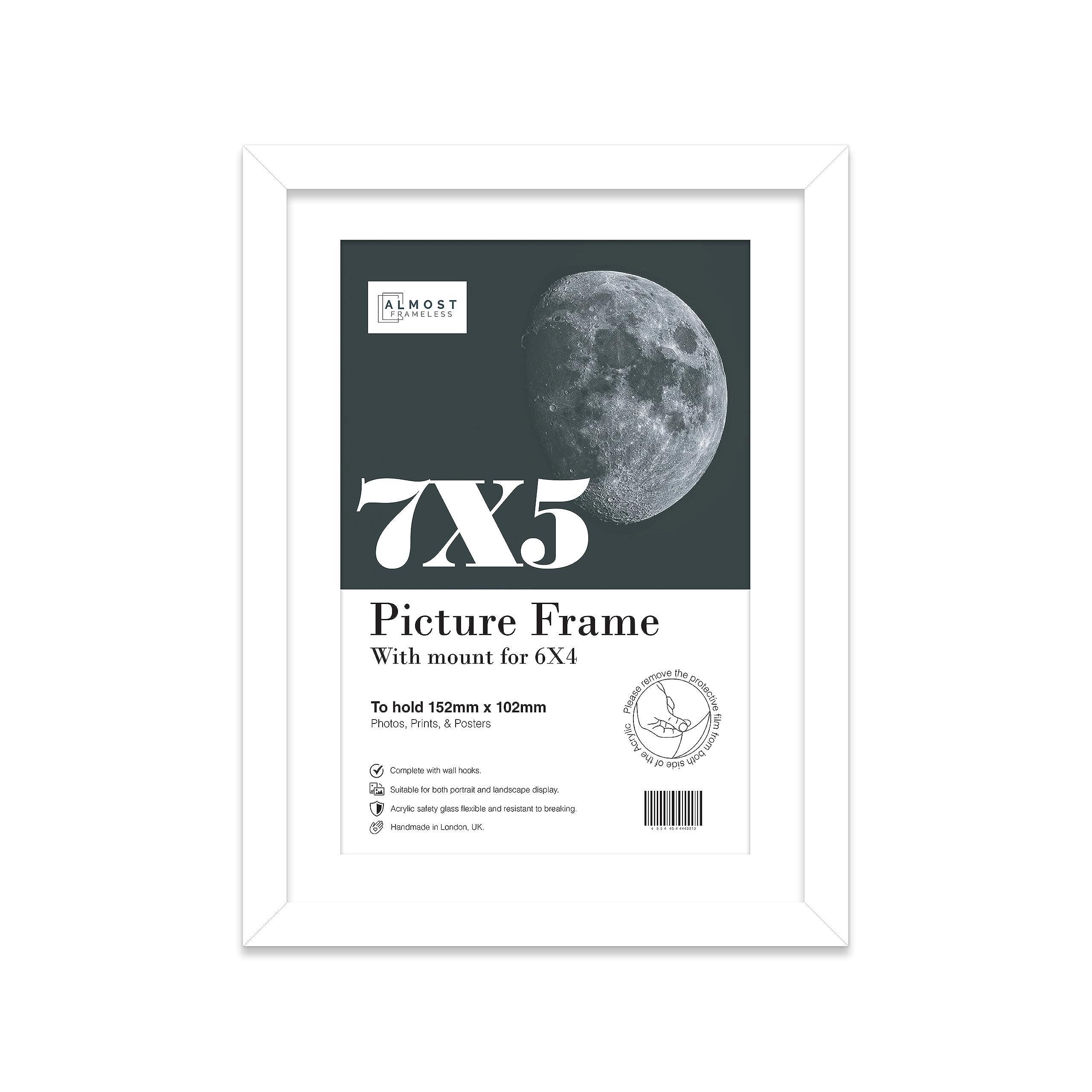 Almost Frameless 7x5 White Picture Frame With Mount for 6x4 Print, Poster or Photo Poster, Photo, Artwork, or Print. Thin Edge Slim Frame Portrait and Landscape Display with Wall Hooks