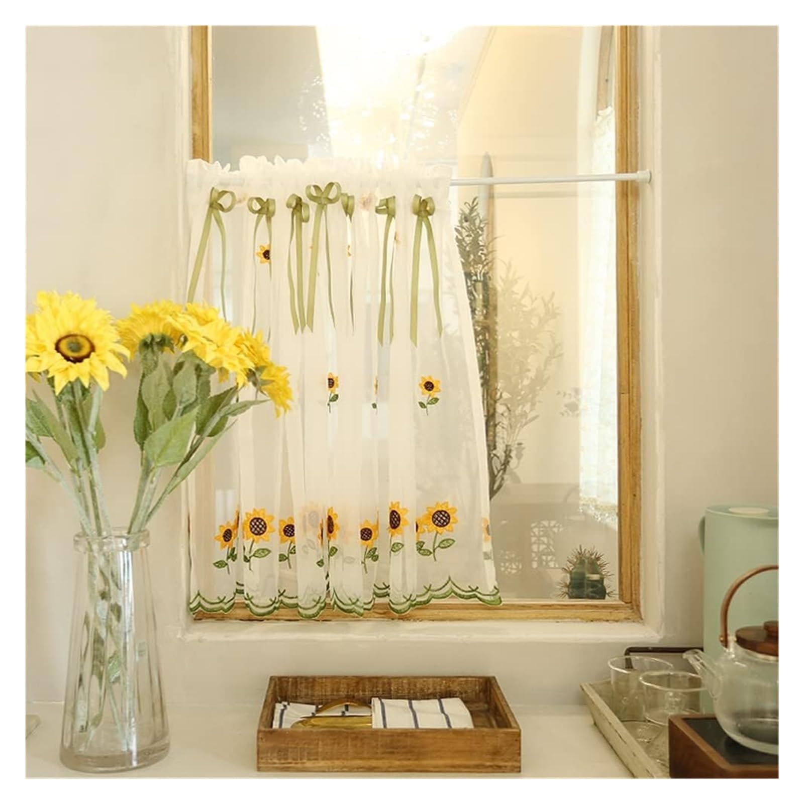 Rideaux en Voile, Rideau de Cuisine brodé à Fleurs, Rideau Court en Voile Transparent(W x H 100 x 130cm)
