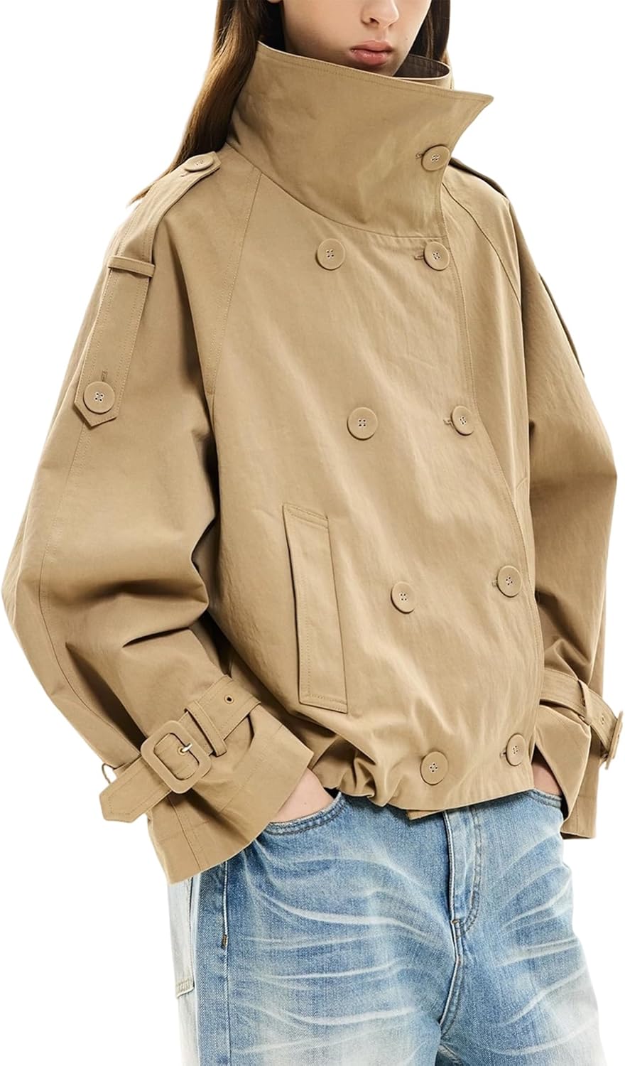 Womens Cropped Trench Coat Funnel Neck Double Breasted Pleated Hem Trendy Fall Outfits Spring Jackets with Pockets