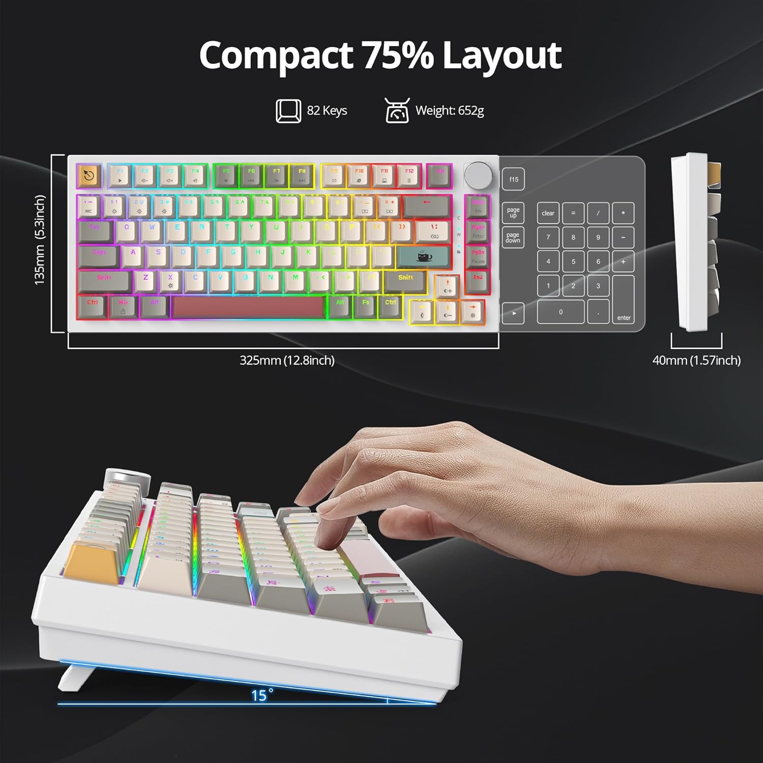 75 Percent Keyboard Gasket-Mounted with Sound Absorbing Pads, 82-Key Compact Wired RGB Mechanical Gaming Keyboard Hot-Swap Socket for Win, 9009