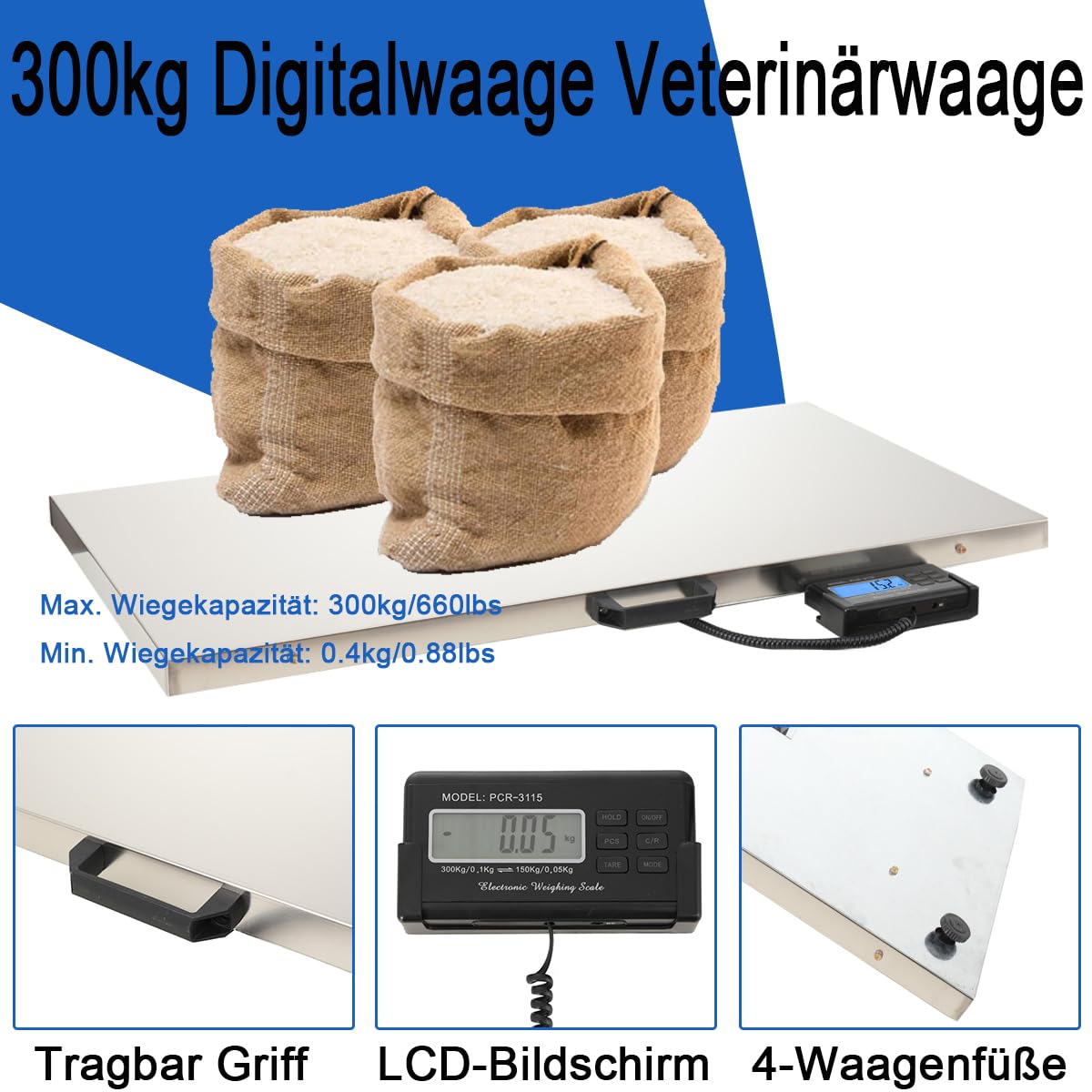 Veterinärwaage 103x53cm, 150kg/50g 300kg/100g Bodenwaage Plattformwaage, LCD Digitalwaage Große Tierwaage Hundewaage Paketwaage Haustierwaage