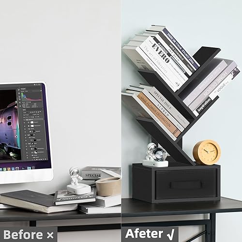 Miniatura 7 de Estante pequeño para libros con cajón, estantería de árbol negro de 4 niveles, estantería de escritorio de madera, estantería de almacenamiento de