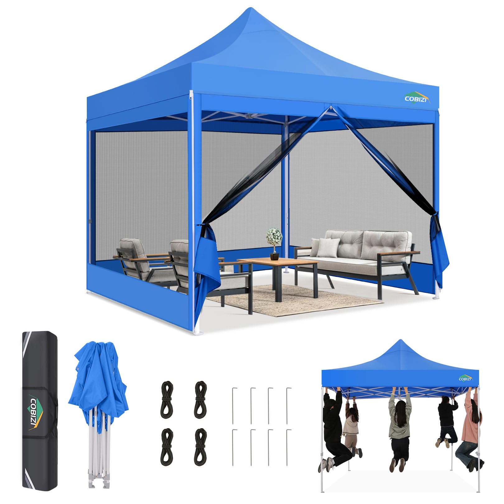 COBIZI Canopy Tent 10x10 Heavy Duty Pop Up Canopy with Sidewalls Waterproof,Easy to Set up Gazebo with Mosquito Netting Outdoor Mesh Screen Tents for Parties Wedding Party with Carry Bag, Blue