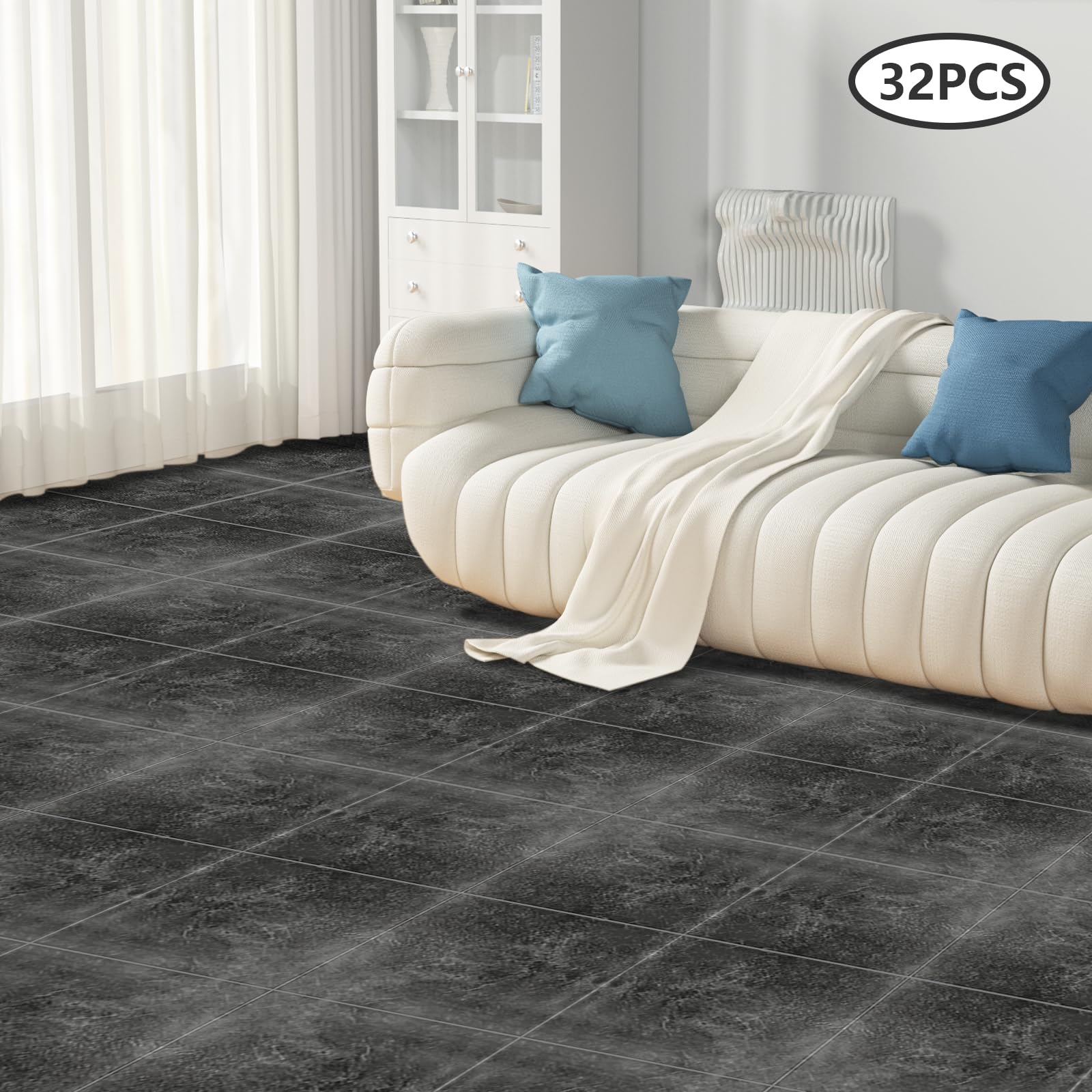 32 azulejos de mármol negro de 1,2 mm de grosor, autoadhesivos, 30 x 30 cm, azulejos de mármol negro con superficie impermeable y antideslizante para renovación de suelos DIY en cocina, salón, pasillo