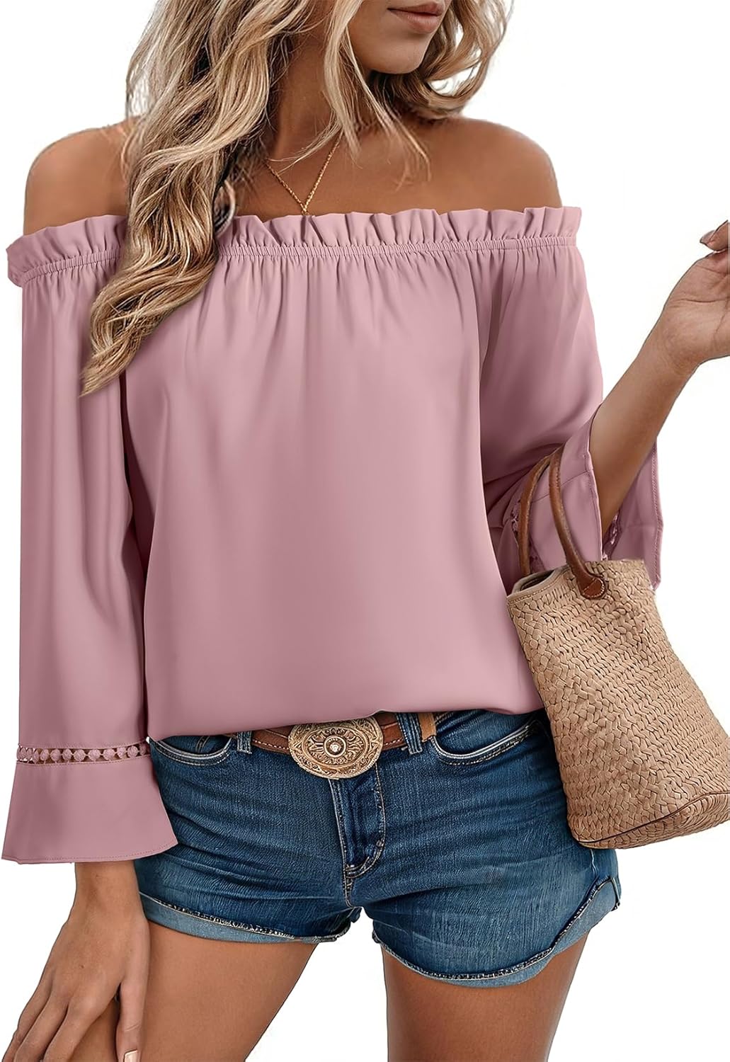 EVALESS Womens Tops Off The Shoulder Blouses for Women Dressy Casual Cute 3/4 Ruffle Sleeves T Shirts Fashion 2026