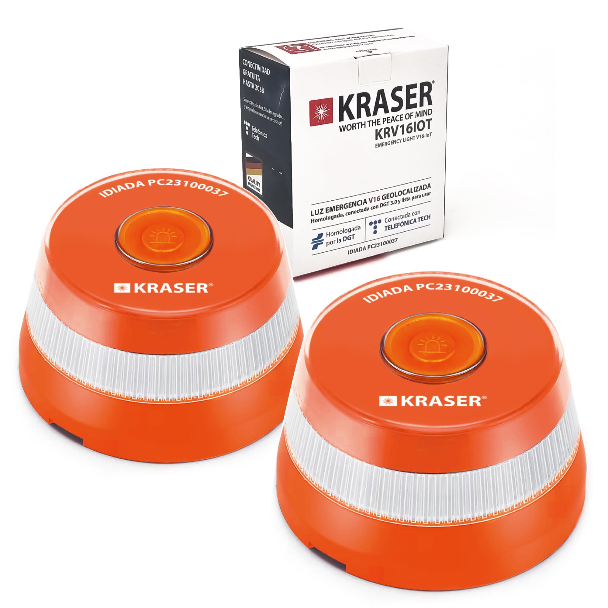 KRASER KRV16IOT Baliza V16 Homologada DGT más Visible y Segura, Geolocalizador Avanzado 3.0, Luz Emergencia Coche Obligatoria 2026, SIM y Datos Incluidos Telefonica Potente Base Magnetica LED 360º 2ud