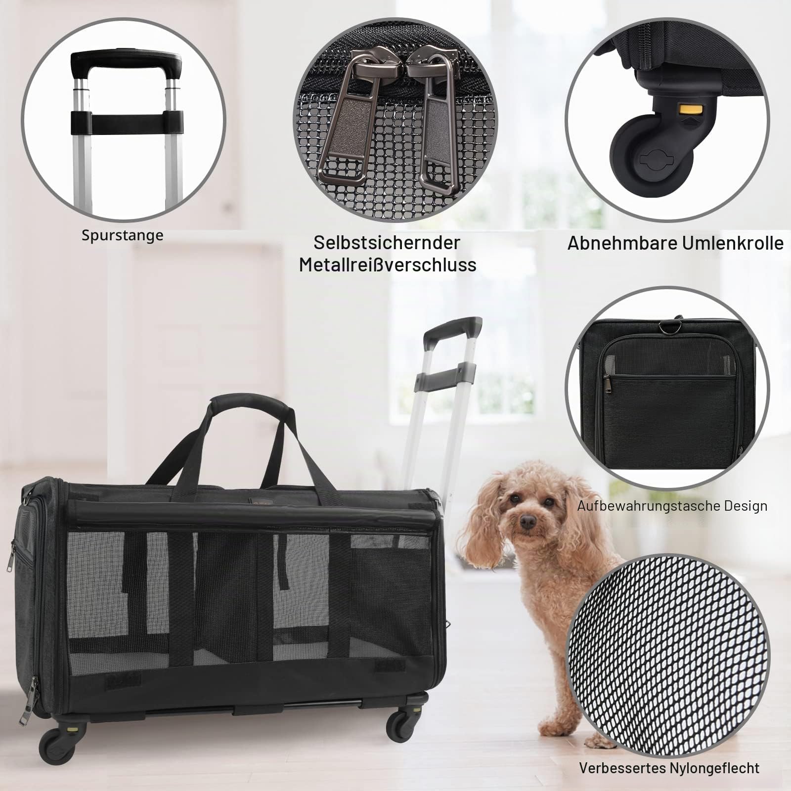Transporttasche für Katze mit Rollen, faltbare Katzentransportbox für 2 Haustiere bis 15,9 kg, belüftet, für Reisen