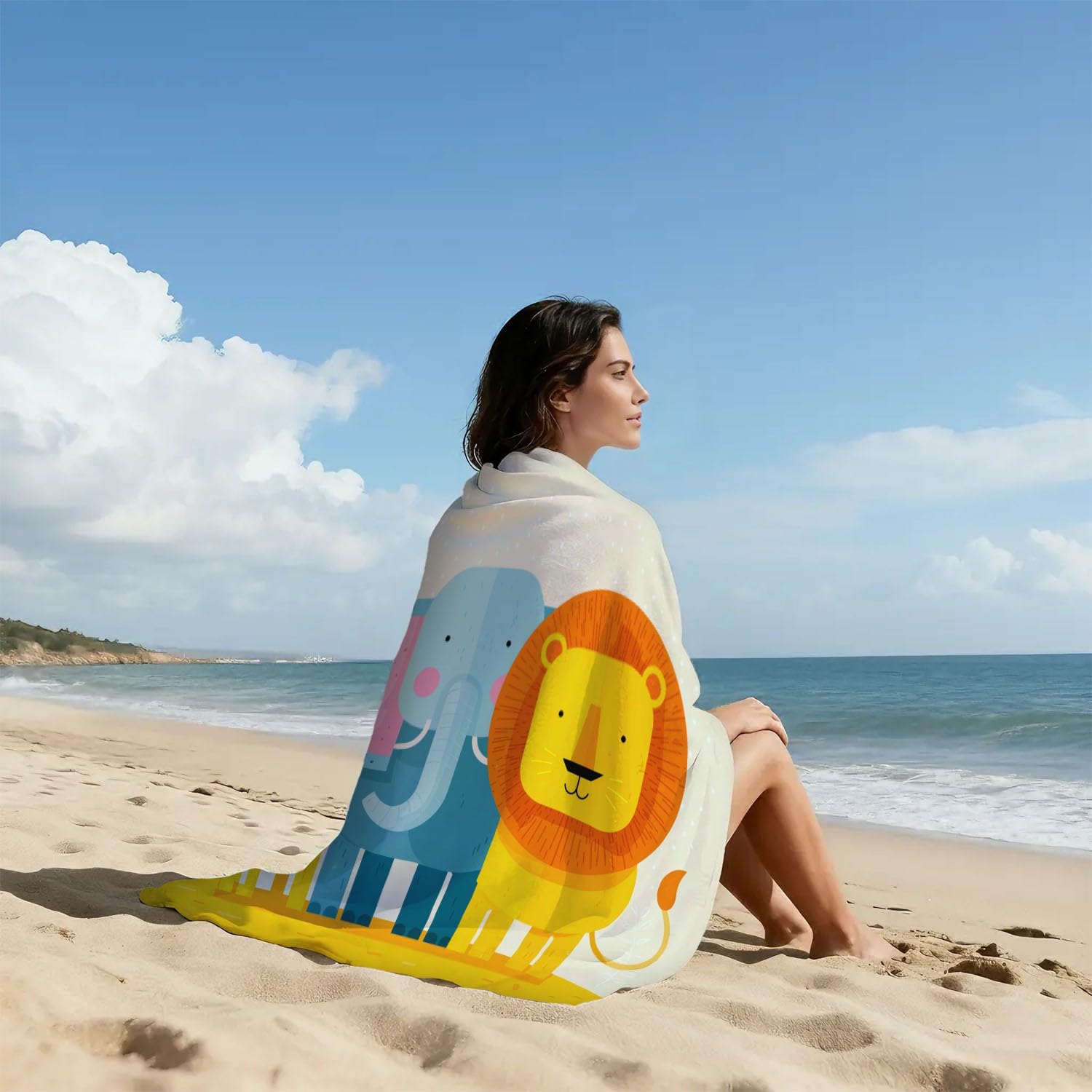 Générique Grande Serviette de Plage 200 x 100 CM,Drap de Plage Microfibre,Couverture de Plage Absorbante Rapide pour Enfants, Vif, Lumineux Girafes, Éléphants, Lions, Animaux Cartoon