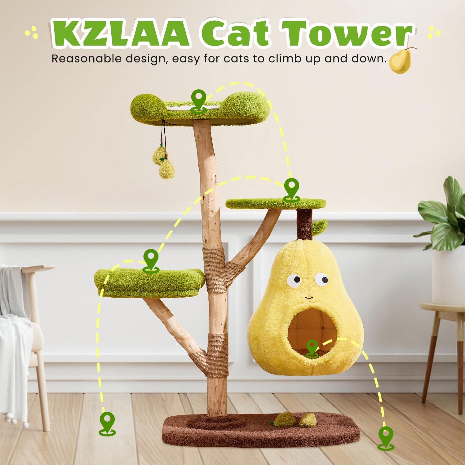 Luxury Cat Tree for Indoor Cats, All-in-One Tall Wood Cat Tree with Scratching Post, Multi-Level Pear Bed for Home Decoration, Solid Wood Tower for Multi-Cat Families, Cat Furniture