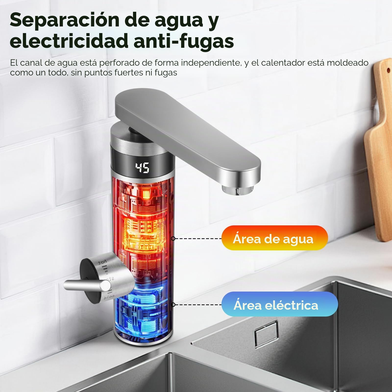 3000 W 230 V grifo de agua eléctrico de paso de acero inoxidable con calentador de agua, grifo de cocina con indicador de temperatura, grifo de agua caliente y fría para cocina y baño