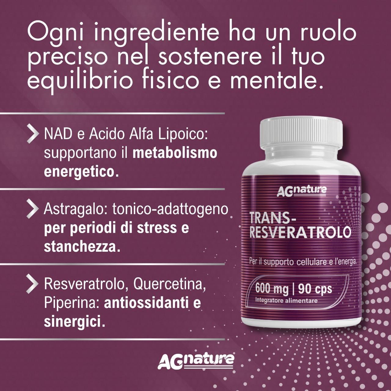 Trans Resveratrolo 600mg Antiossidante Puro 90 Compresse con NAD, Quercetina, Piperina, Acido Alfa Lipoico e Astragalo
