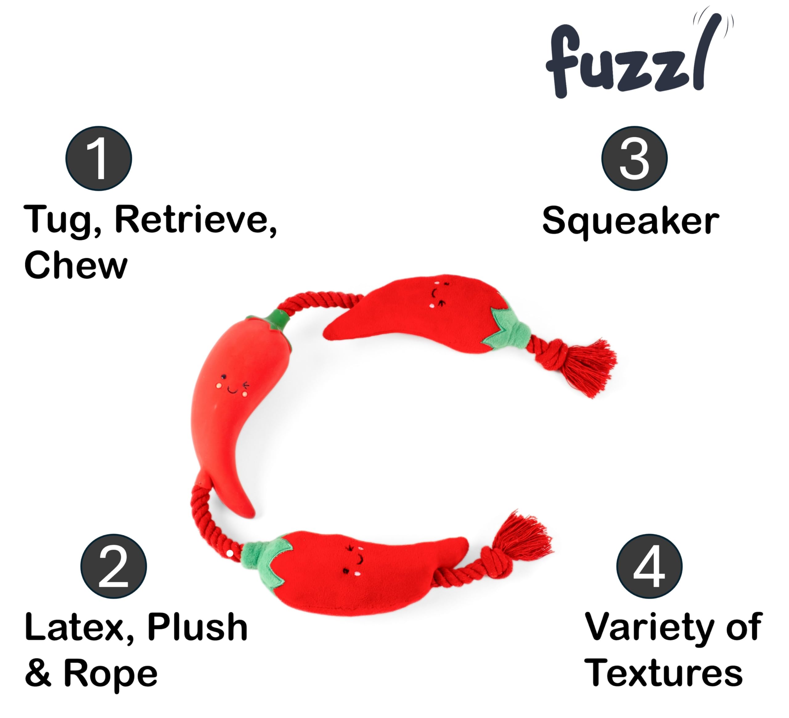 Fuzzl Tugga Chilis Dog Toy 75cm - Rope Latex and Plush Dog and Puppy Throw Fetch and Tug with Squeaker, Yellow, 1 - Image 2