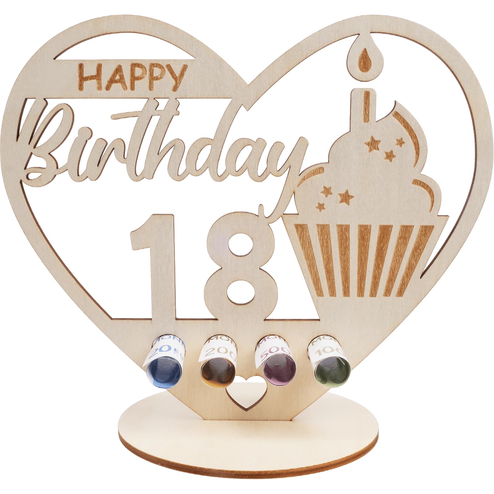 packra Geldgeschenk Geburtstag Herzform, 18 Geldgeschenke Geburtstag Holz-Schild Gästebuch, 18. Geburtstag Geschenk mit Happy Birthday Kuchen, Personalisierbares Geschenk Geburtstag Deko