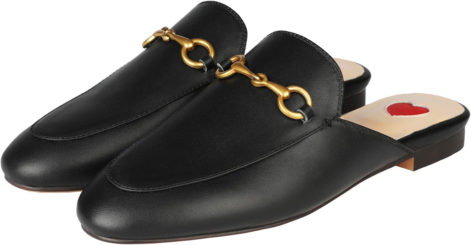 Arqa Mules for Women Almond Toe Leather Flats Slip-on Comfort Backless Loafers Buckle Mule Shoes - Image 2