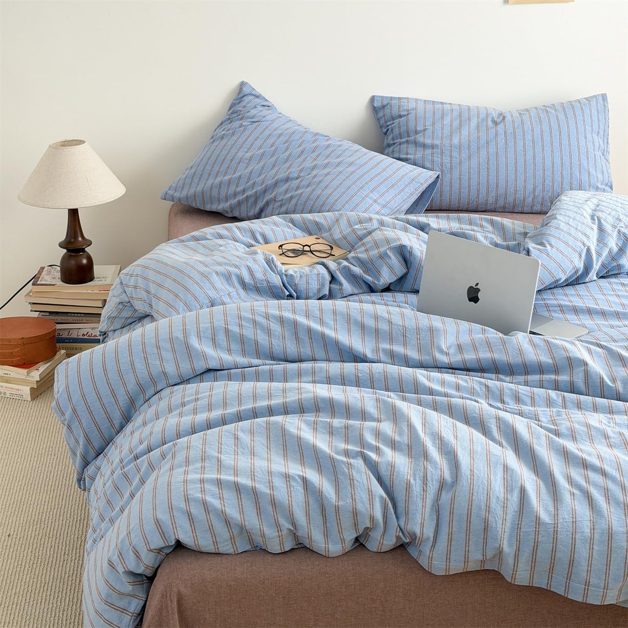 HoBaBa Double Duvet Cover Set Blue Brown Striped Bedding Set Double Bed — image 1