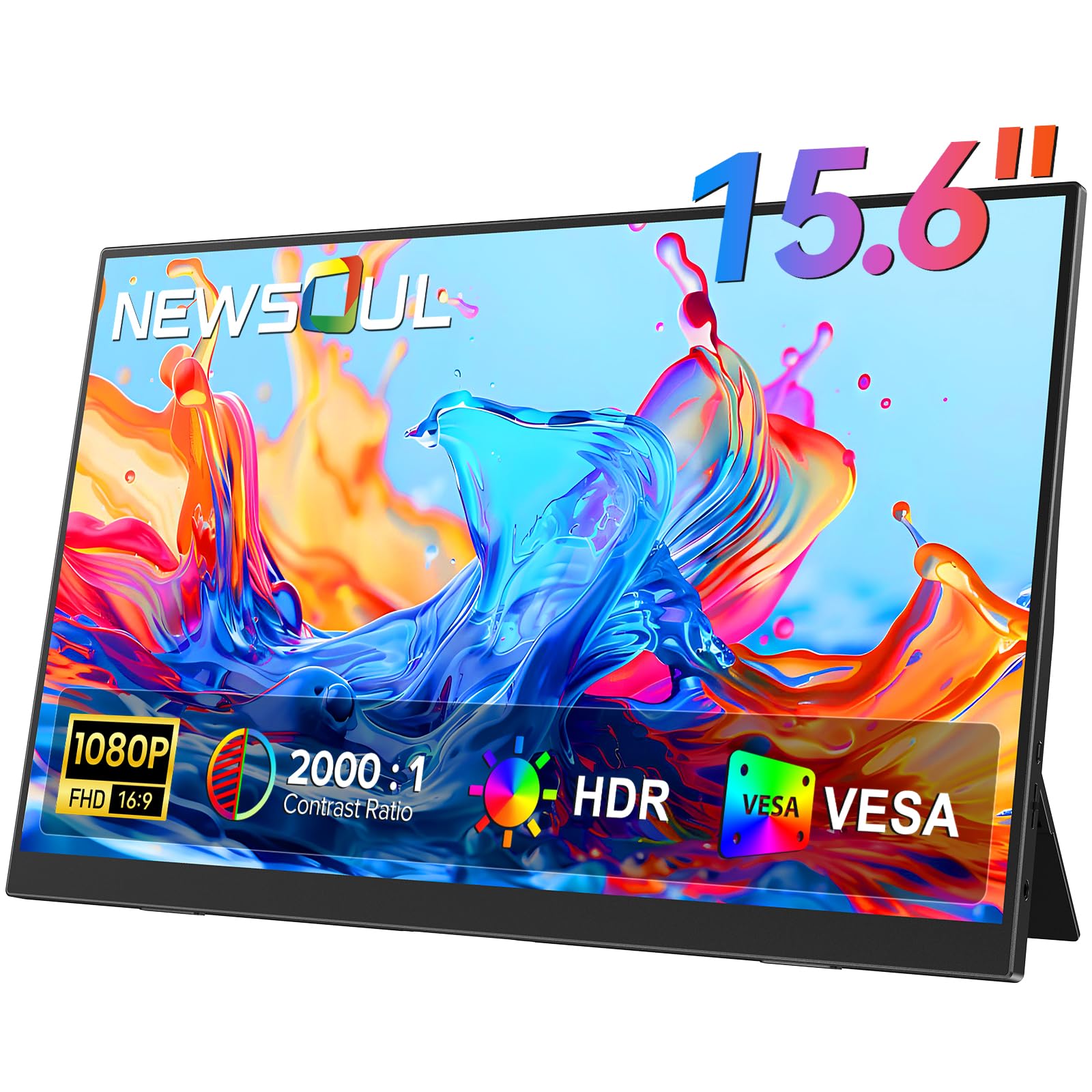 Newsoul Portable Monitor 15,6 Zoll, 1920×1080P FHD IPS 2000:1 Tragbarer Monitor für Laptop mit USB-C & HDMI, Eye Care Ultra-Dünner Externer Bildschirm für PC/Laptop/PS5/4/Xbox/Switch, VESA Compatible