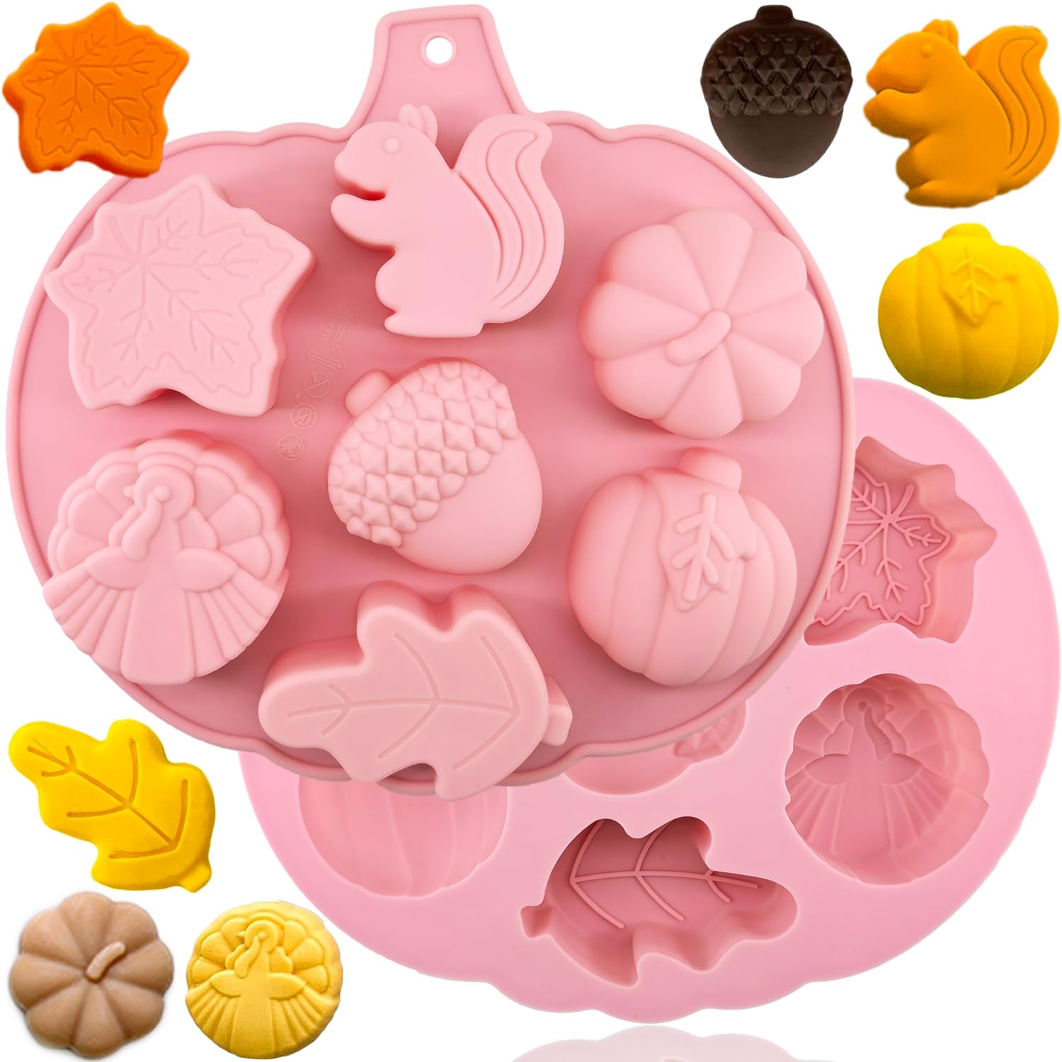 2Pcs 3D Pumpkin Silicone Mold Fall Silicone Mold Halloween Thanksgiving Candy Mold Autumn Maple Leaf Acorn shape Chocolate Candy Cake Pan Baking Tray Molds for Cake Decoration cupcake Topper Resin