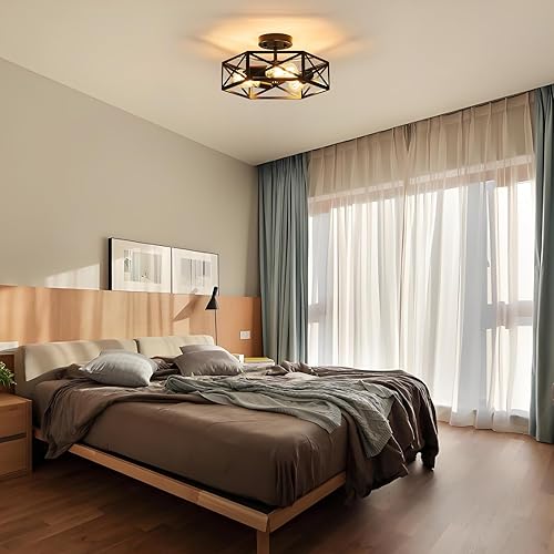 Miniatura 4 de Moderna lámpara de techo negra de granja, lámpara de techo industrial semiempotrada, accesorios de iluminación hexagonales para cocina, dormitorio,