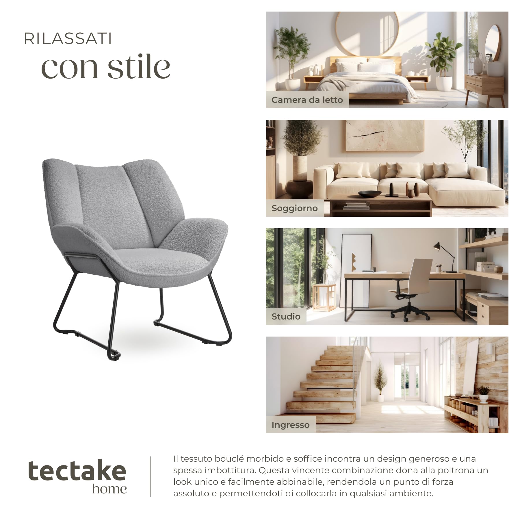 tectake® Poltroncina in Stile Scandinavo, Poltrona Camera da Letto Tessuto Bouclé, Sedia Ergonomica con Telaio in Acciaio, Sedia Cucina Antiscivolo, Carico Max. 120Kg - Grigio Chiaro