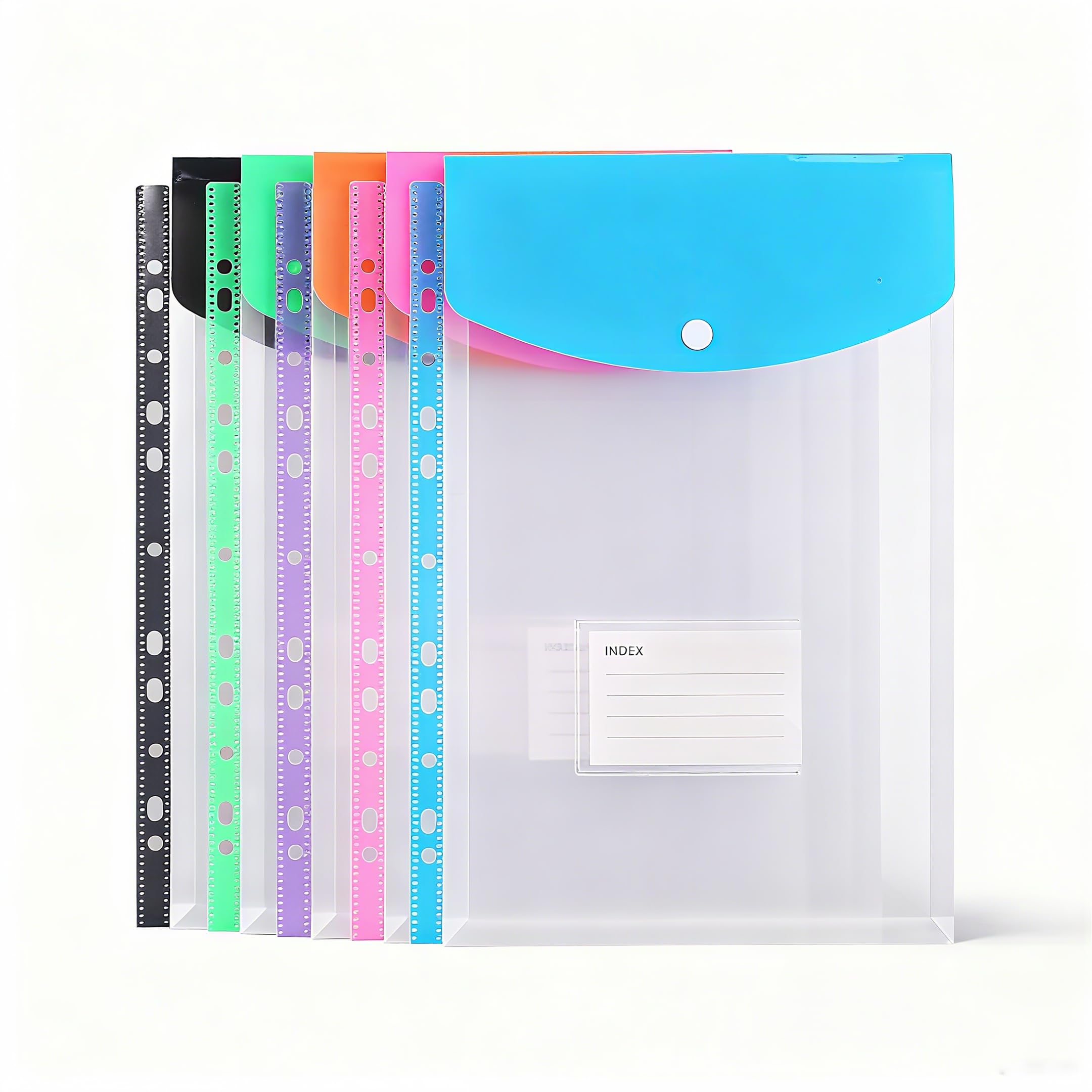 Plastic Wallets A4 Folders 12-Pack: Vertical Punched Pockets Document File Storage with Button Closure - Clear Expandable Envelope Style for Ring Binder Office School Home Business Travel Storage