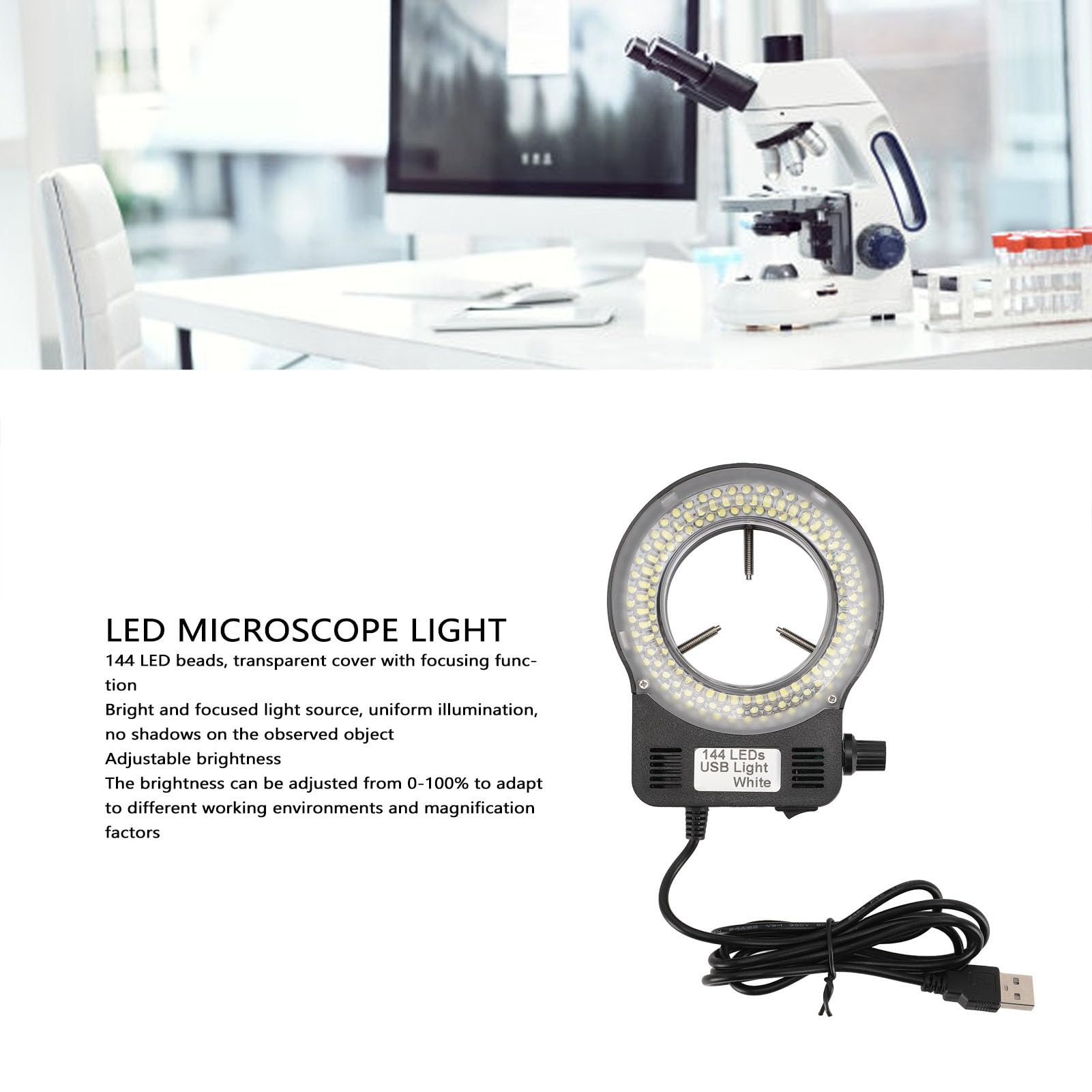 144 LED Ring Light for Stereo Microscope, 4W LED Microscope Ring Light with Adjustable Brightness, USB Powered Microscope Lamp