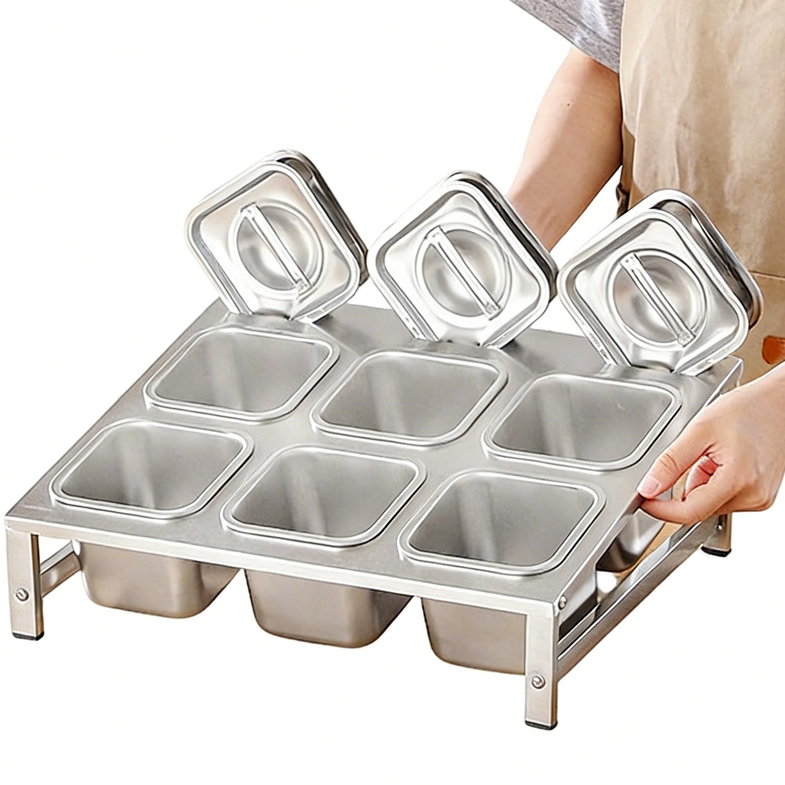WDSOPK 2 Tier 304 Stainless Steel Pizza Topping Station with Lids & Spoons Kitchen Spice Rack Commercial Condiment Tray for Easy Access 42x34.3x9.2 15CM (With Lid 42X34.3X 9.2~15CM)