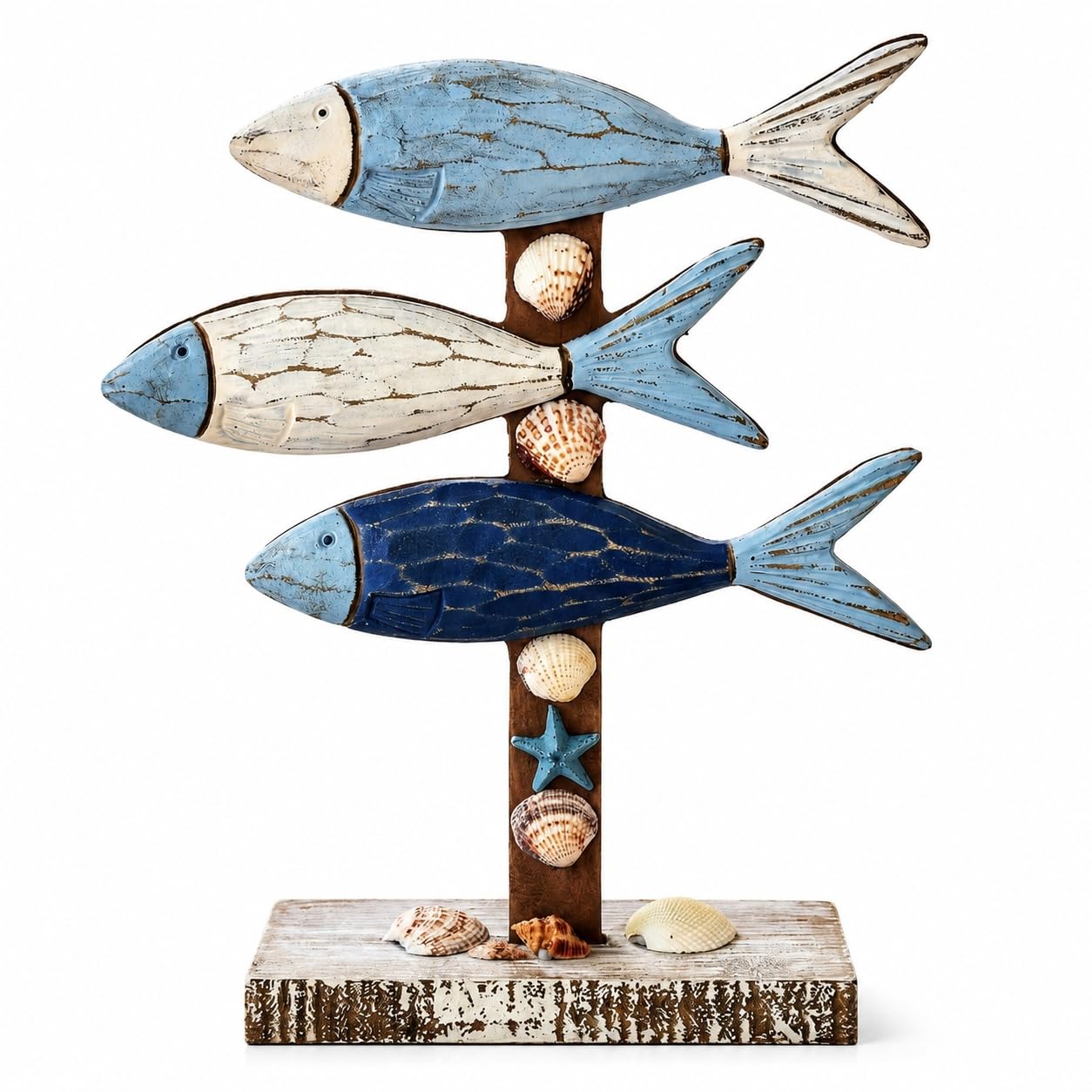 Mediterranean Wooden Fish Decor Coastal Nautical Tabletop Sculpture