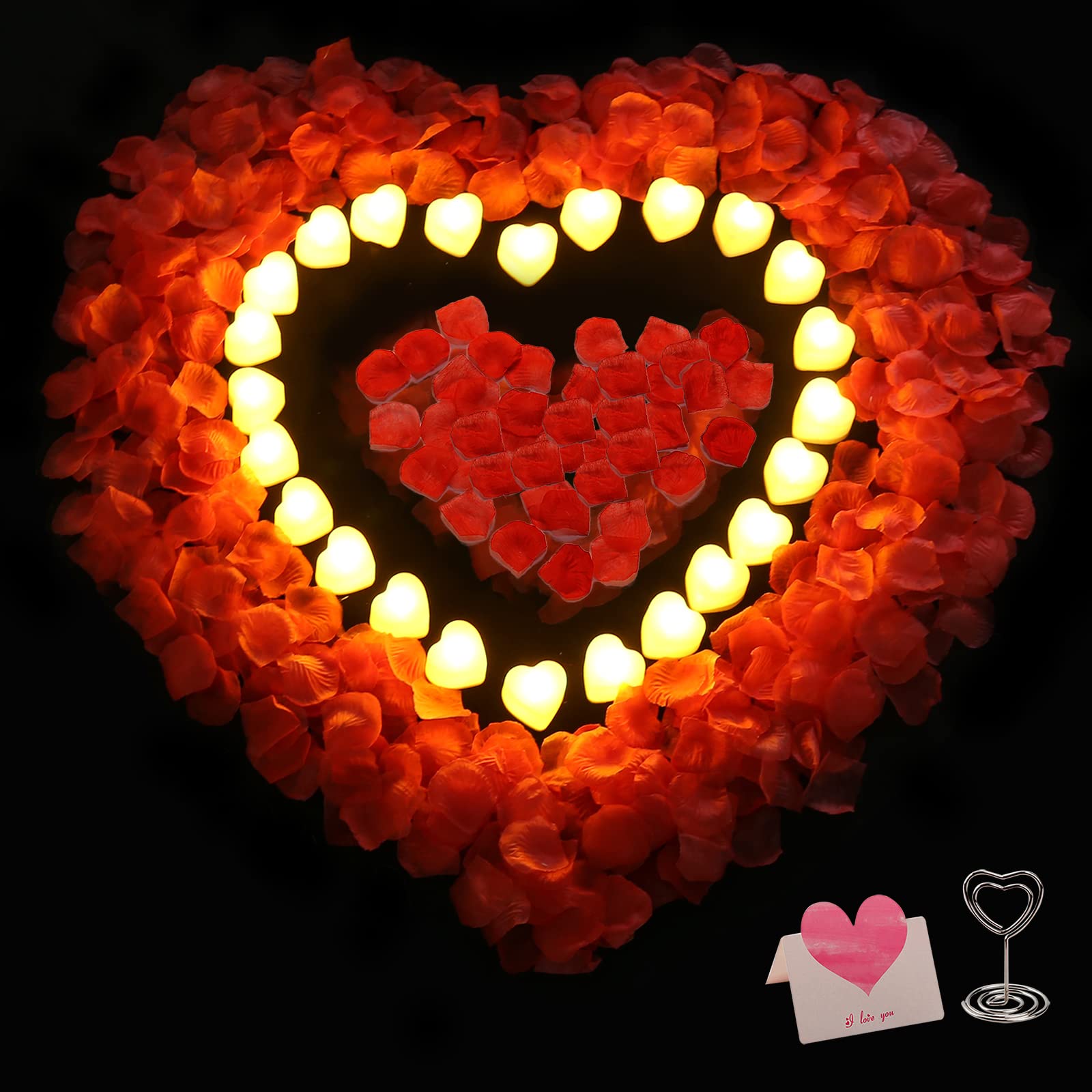 Taomika 24 Pieces Flameless LED Tea Lights Candles with 1000 Pieces Artificial Rose Petal & Place Card Holder & Romantic Card for Romantic Night Valentine's Day Anniversary Wedding Party Table Decor