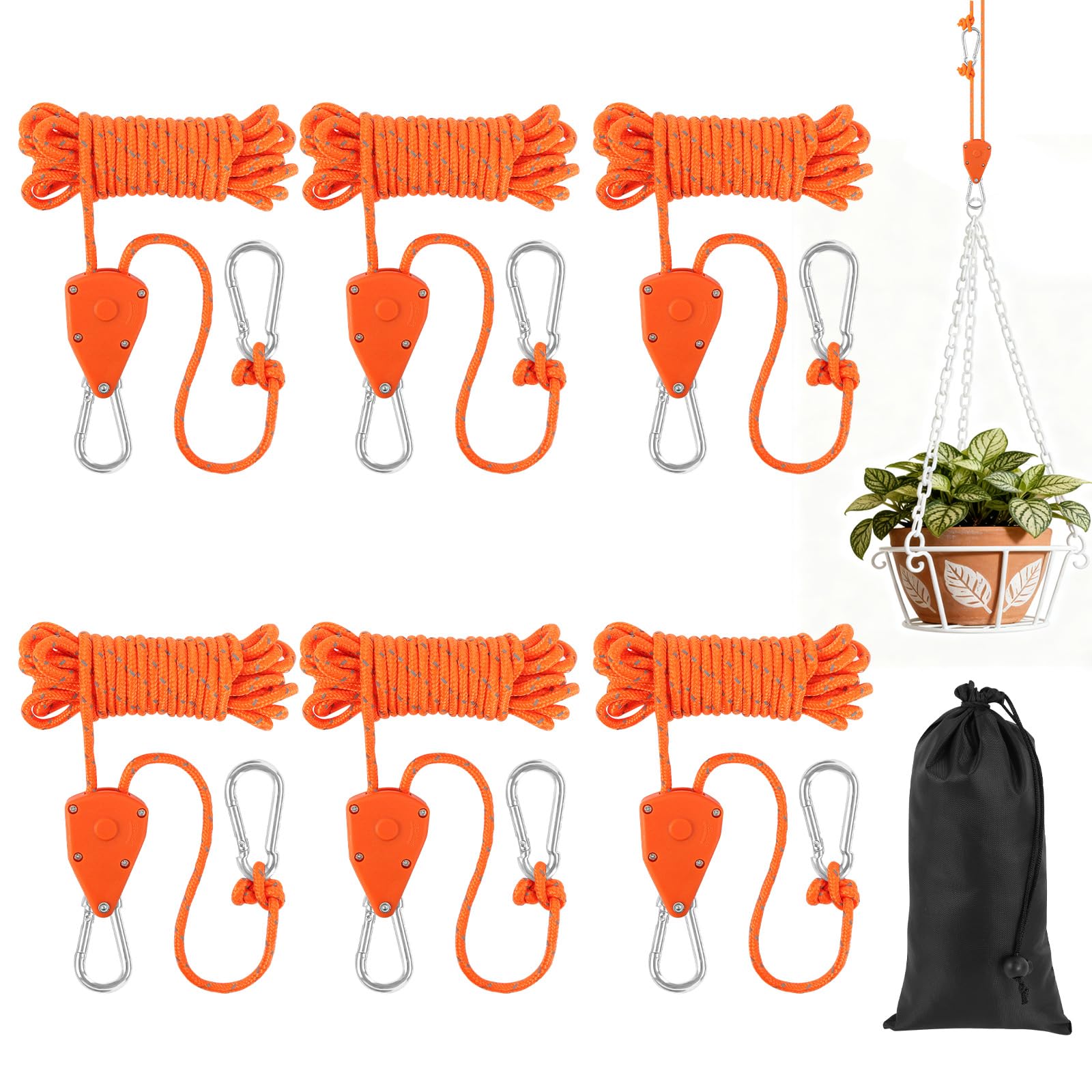 NUTKIT 6 Pack Tent Guy Ropes, 4 mm Ratchet Guy Ropes With Rope Tensioner, 4 M Portable Adjustable Fix Camping Rope, Tent Guide Guyline Ropes For Camping, Hiking, Awning, Grow Lights(With Storage Bag)