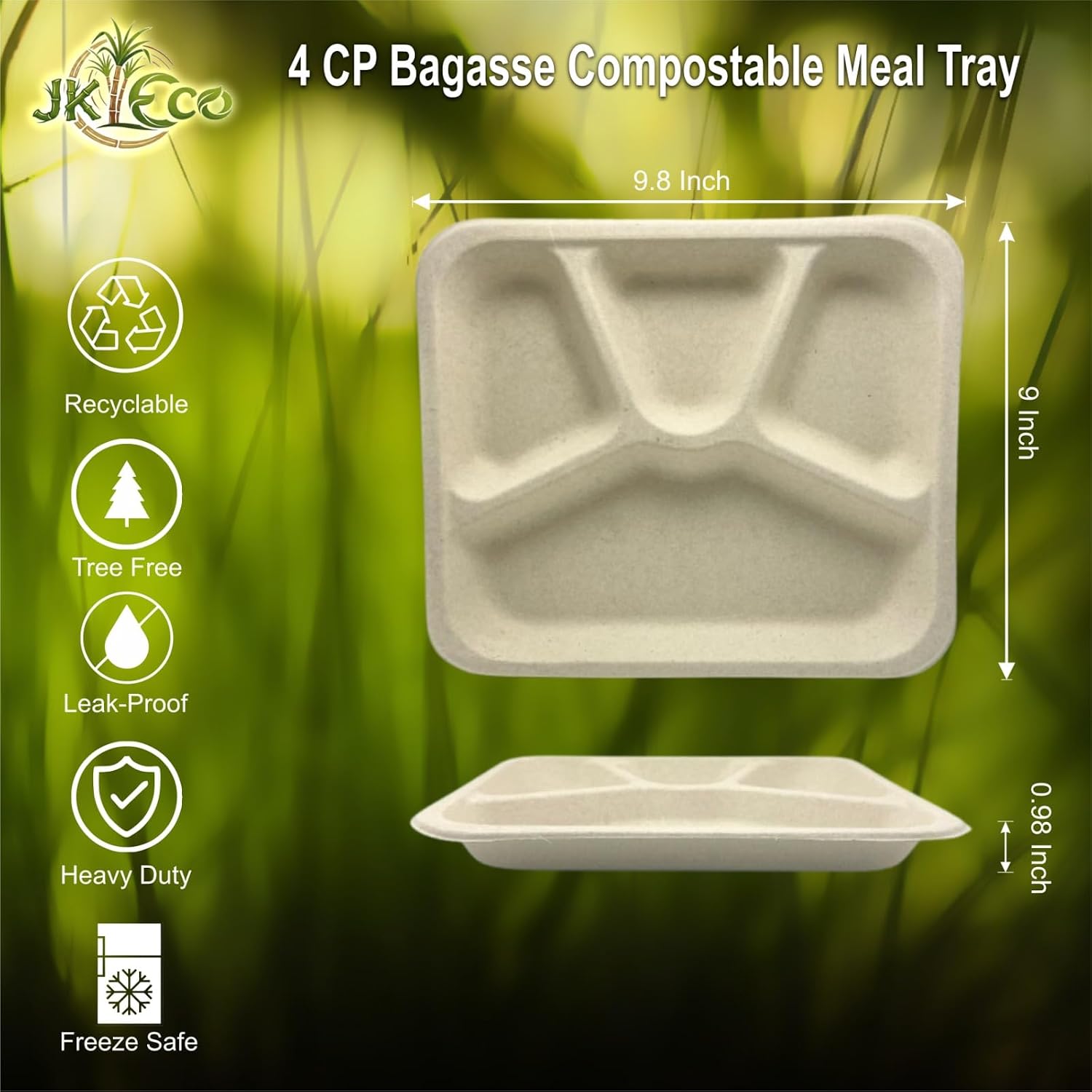 100 Pack, 4 CP Bamboo Rounded Square Plates, Unbleached Natural Brown Sugarcane Pulp Divided Paper Tray, 9.8 x 9 x 0.98 Inch, Biodegradable, BPA Free, Microwave Safe image 3