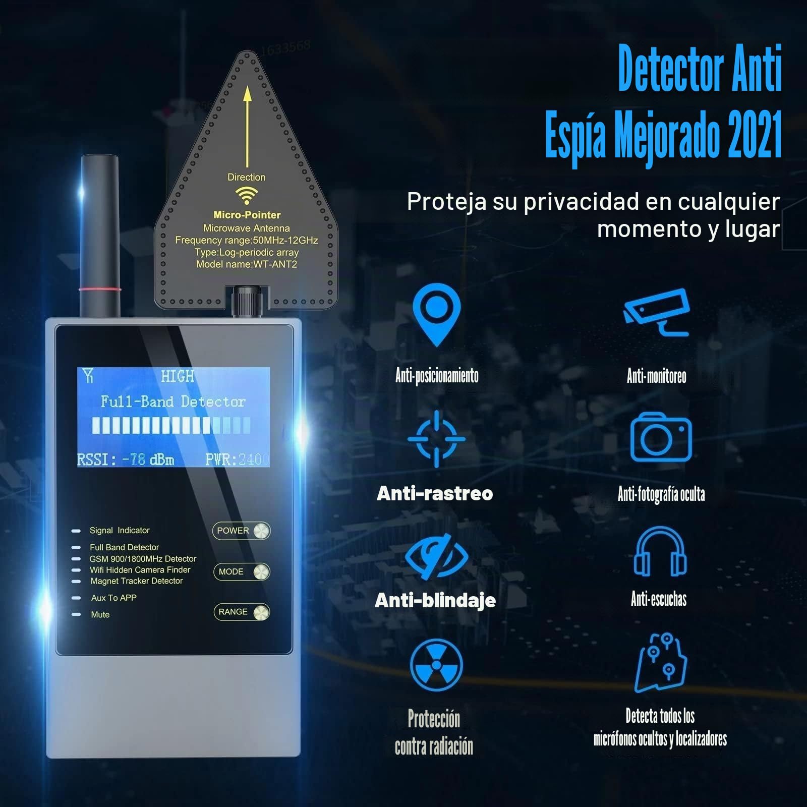Billg Detector de bichos RF inalámbrico, Detector de bichos GPS Spy Finder Cámara Oculta láser para gsm Tracker Wiretap Radio Cámaras Bug Finder, Pantalla LED, Ultrafino, Fácil de Llevar