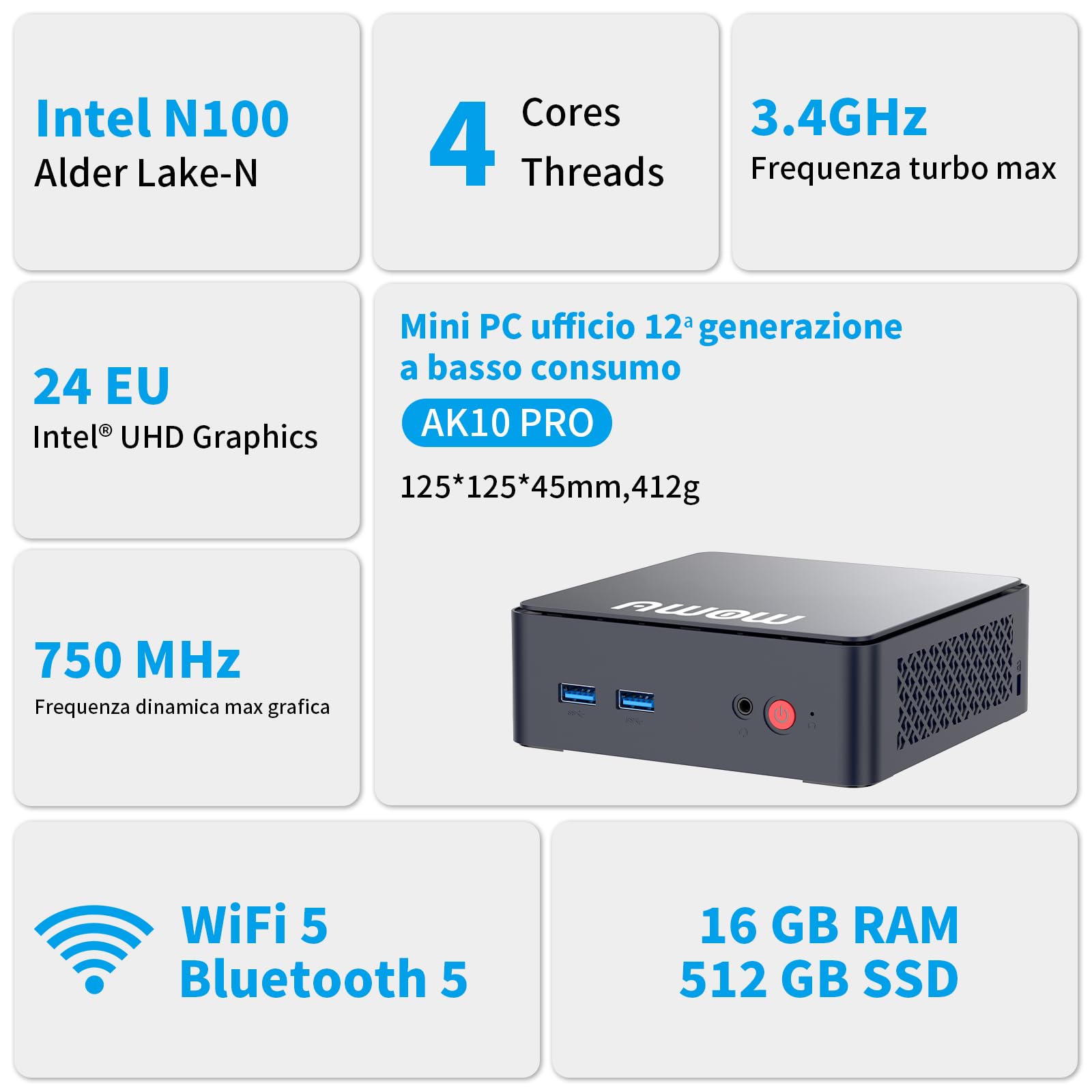 AWOW AK10 Pro Mini PC, Intel 12a Generazione N100 (fino a 3,4GHz), 16GB RAM DDR4, 512GB PCIe SSD, Mini Computer Desktop con Doppio Display 4K/USB3.2/WiFi 5/BT5.2/Ethernet Gigabit per Casa/Ufficio
