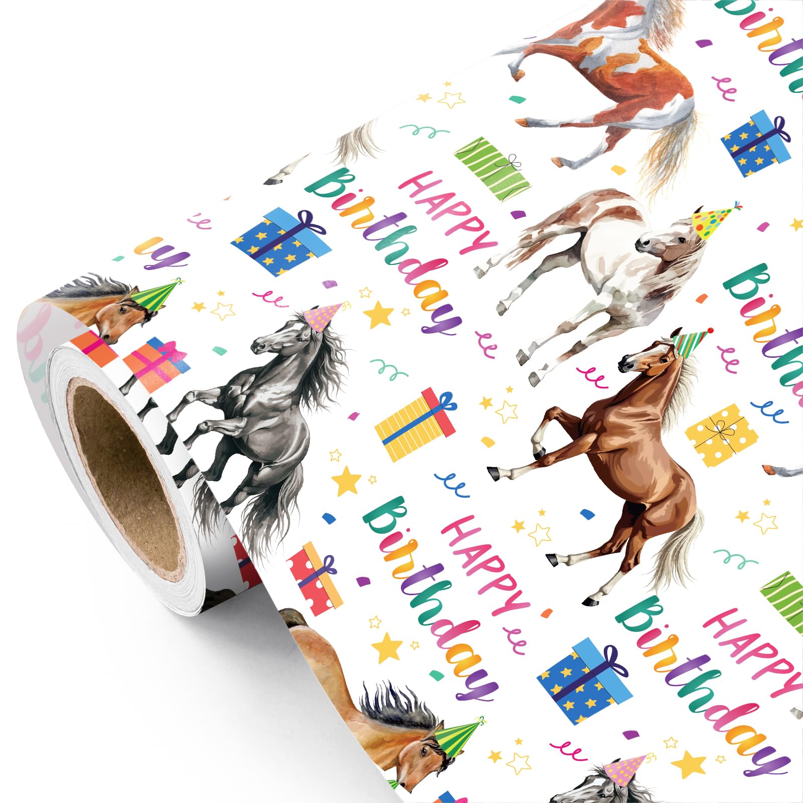 WRAPAHOLIC Horse Birthday Wrapping Paper Roll - Mini Roll - 17 Inch x 16.5 Feet - Watercolor Horse Wrapping Paper with Gifts and Confetti Design for Birthday, Cowgirl Cowboy Party, Horse Lovers