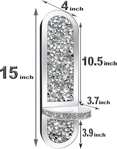 Miniatura 7 de Juego de 2 candelabros de cristal con forma de diamante, magnífico aplique de pared de espejo plateado, portavelas ovalado para decoración del