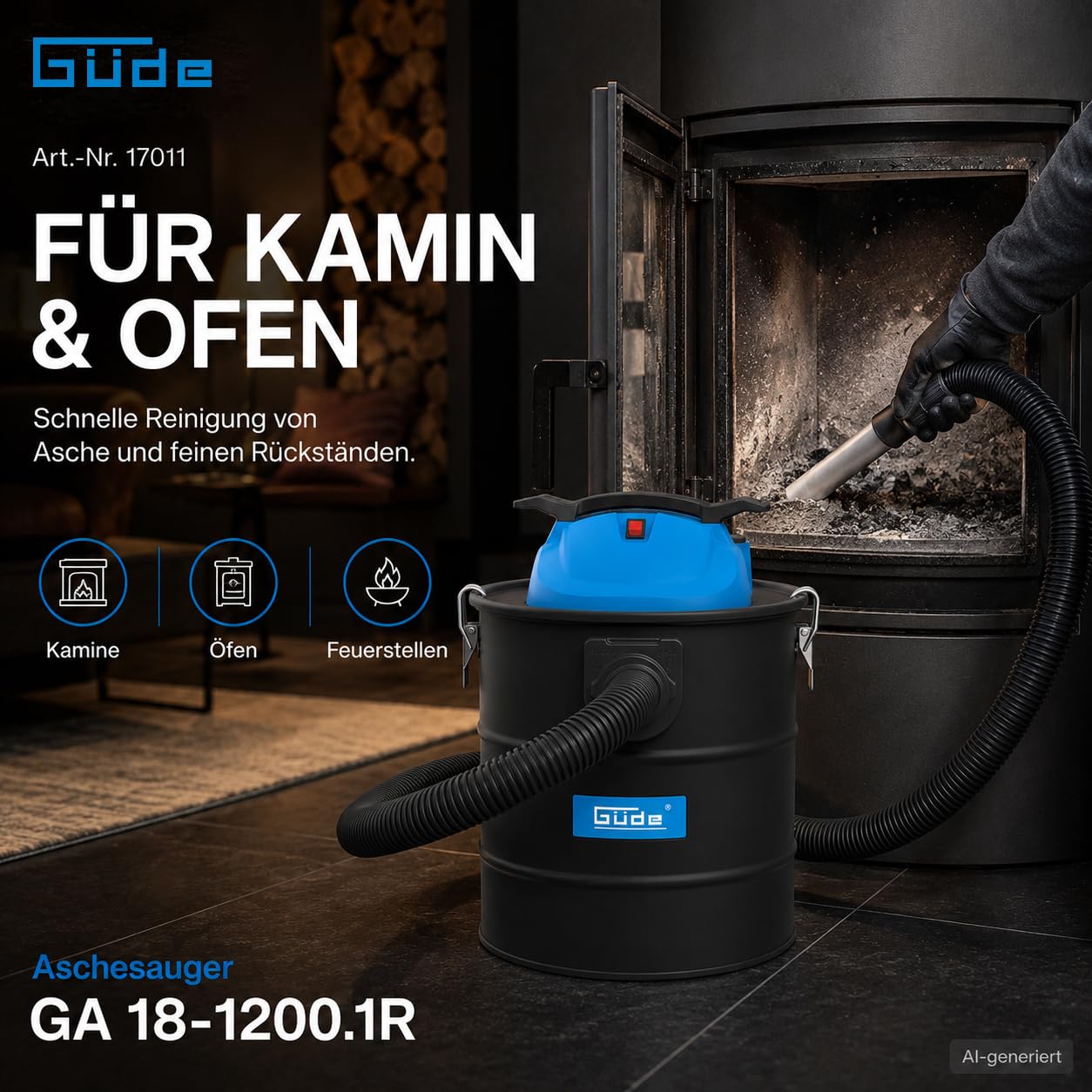 Güde GA 18-1200.1R - Aspiratore per cenere, 230 Volt, 1200 Watt, 18 kilopascal, contenitore da 18 litri, con filtro HEPA, funzione autopulente, tubo di aspirazione in metallo e tubo di aspirazione in