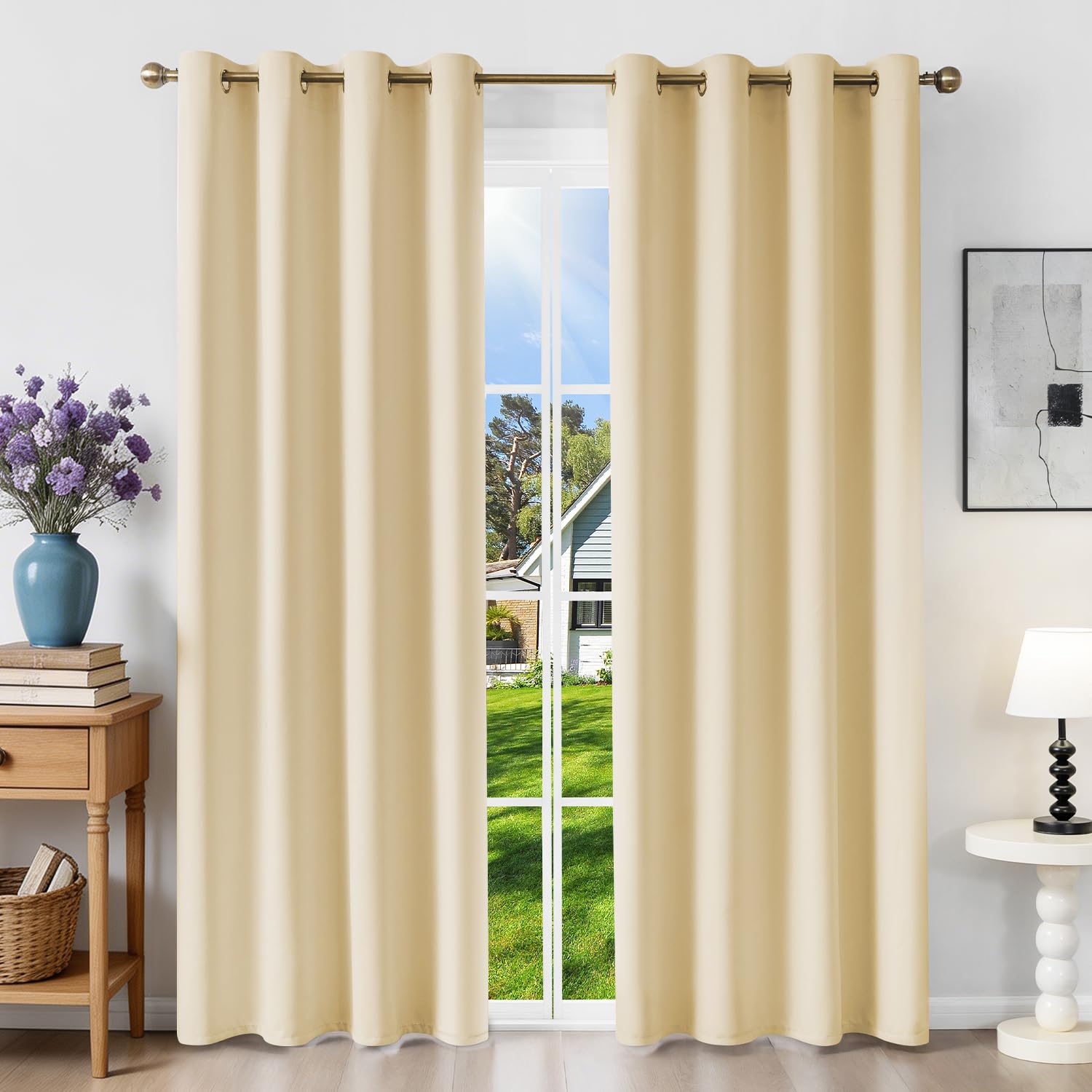Runyéla Blackout Curtains for Bedroom Eyelet 46 x 72 Inch Drop Thermal Black Out Curtain for Living Room, 2 Panels, Beige