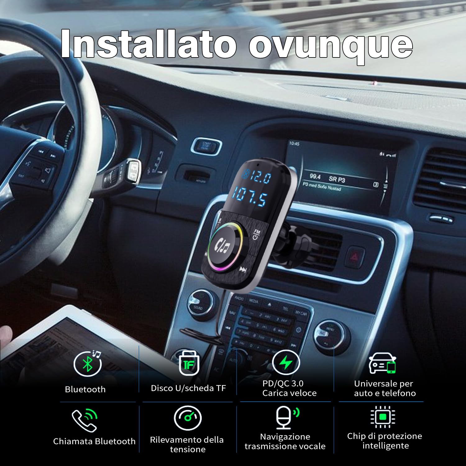 GizmoVine Bluetooth Coche, Transmisor FM, Soporte Manos Libres/QC3.0 y PD Cargador Rápido/Luz Ambiental/Base Autoadhesiva y Clip con Cable 1.1 - Reproductor de Música con Tarjeta BT/TF