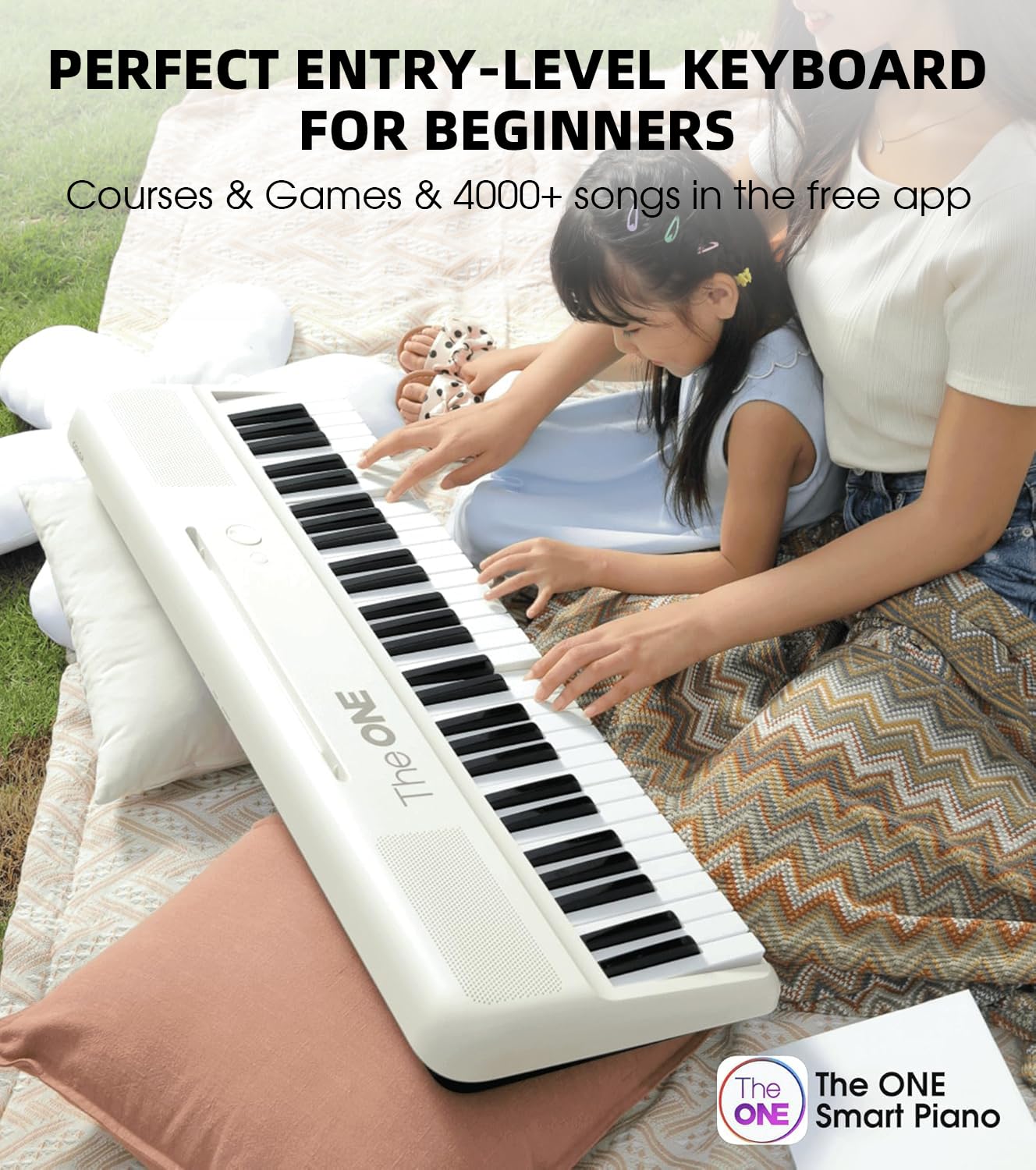 ONE COLOR 61 - Teclado inteligente con teclas iluminadas, piano eléctrico para principiantes con 256 tonos, 64 polifonía, led integradas y aplicaciones, compatible con USB MIDI/auriculares (blanco)