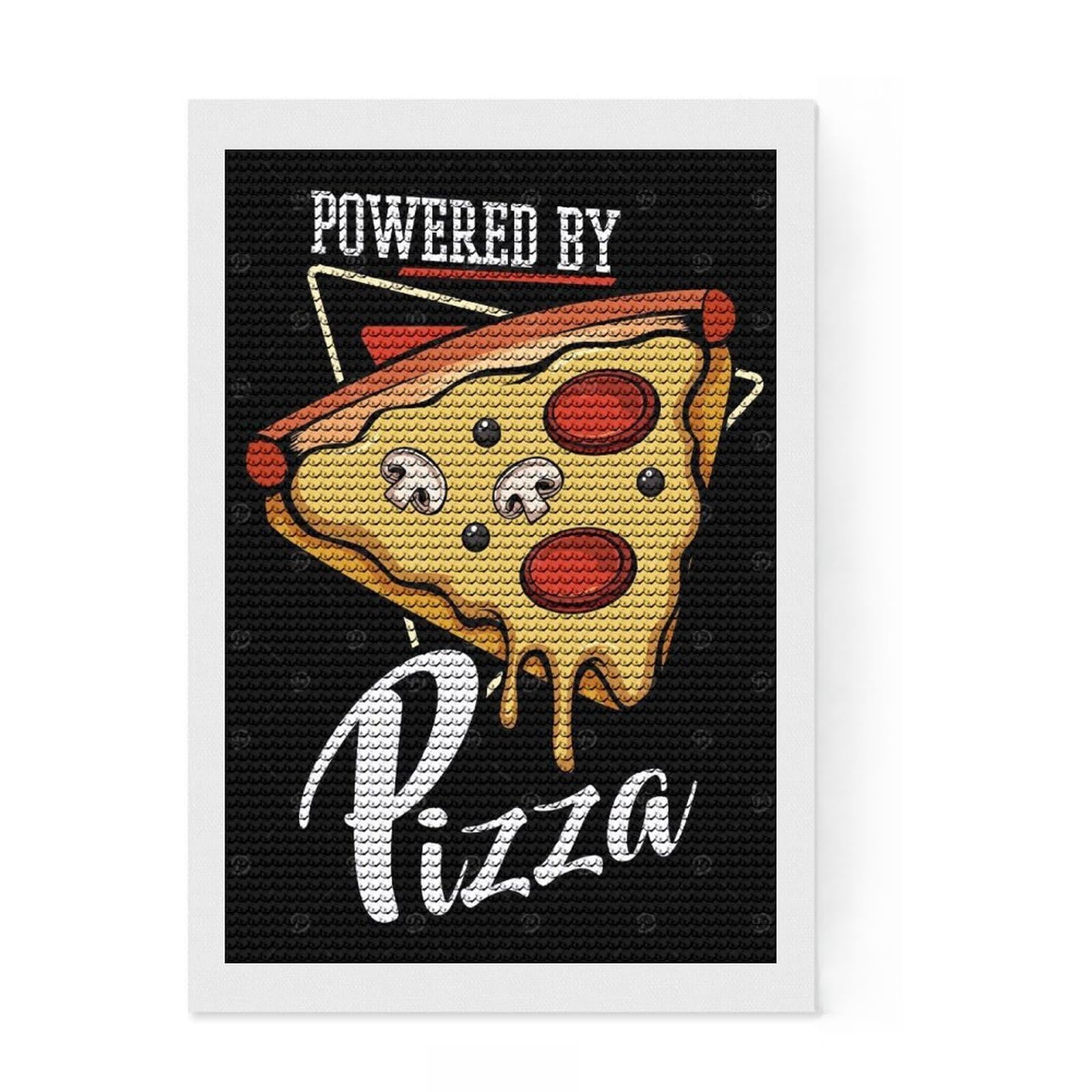 Junmoney Powered By Pizza Pizzeria Round Drill Diamond Painting 8"x12", Calming Craft to Unwind, Printed Canvas, Cosy Home Accent, Festive Craft Gift