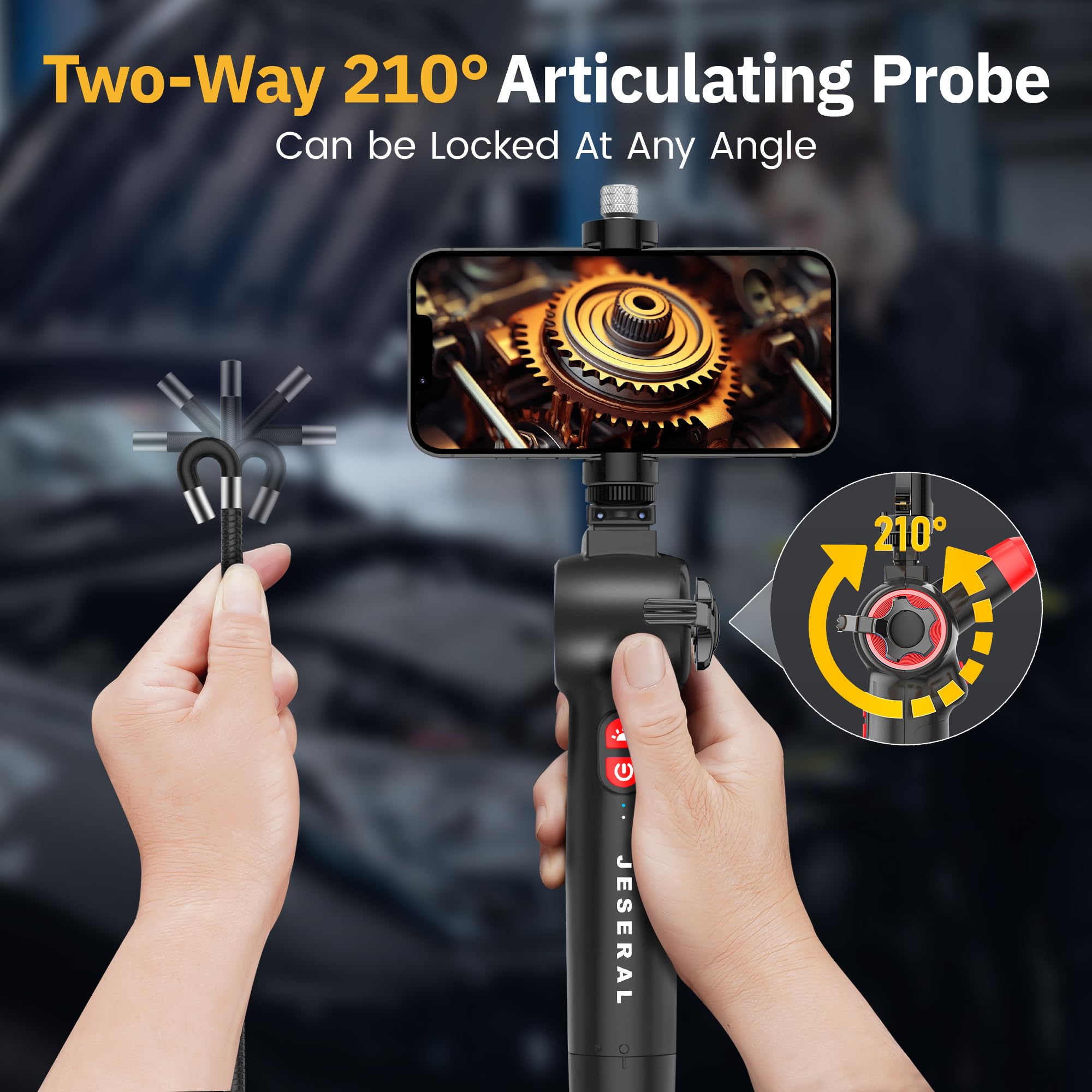 Articulating Borescope, 2-Way 210° 6.2mm Lens IP67 Waterproof Steering Probe, JESERAL HD1080P Inspection Camera with 6 LED Light, Compatible with Android&iOS&Diagnostic Semi-Rigid Cable5FT/1.5M