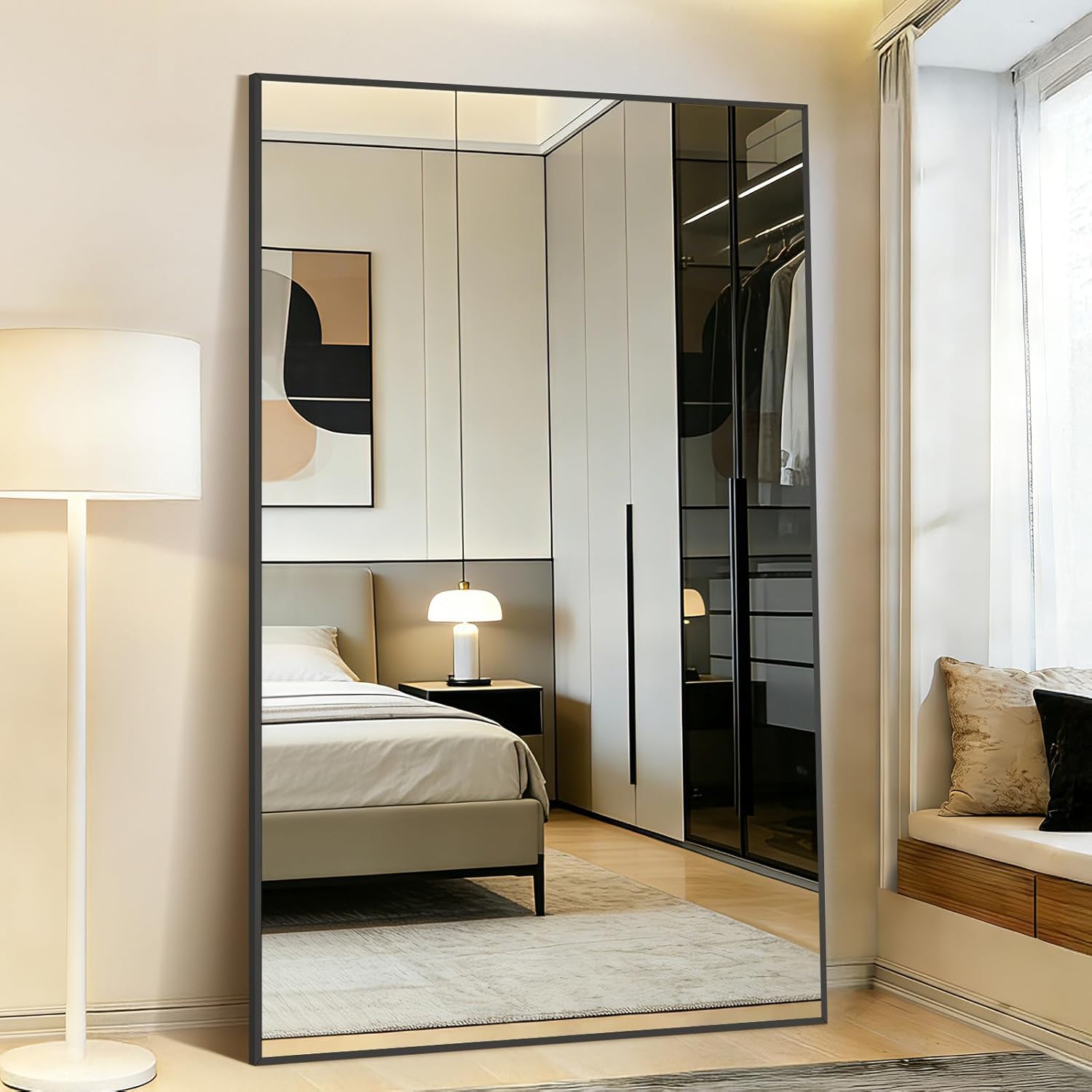 Mirrorons 72"x44" Oversized Black Full Length Mirror, Floor Standing or Wall Mounted with Hanging Kit, Shatterproof Tempered Glass Mirror for Living Room, Bedroom, Dressing Room, Gym