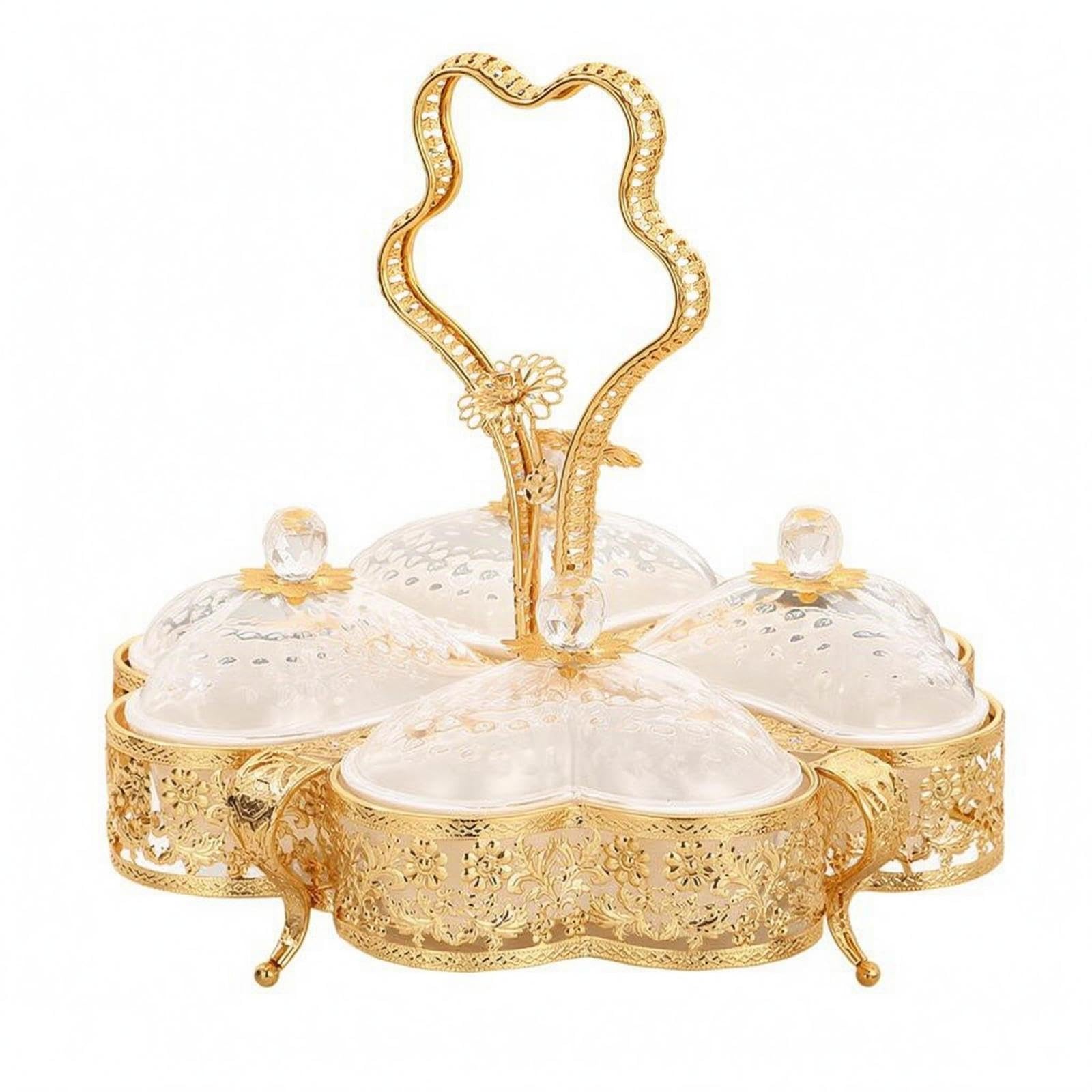 Lidded Fruit Tray Crystal-Like Knobs Floral Metal Fruit Tray Gold-Toned Divided Platter Heart-Shaped-image-10