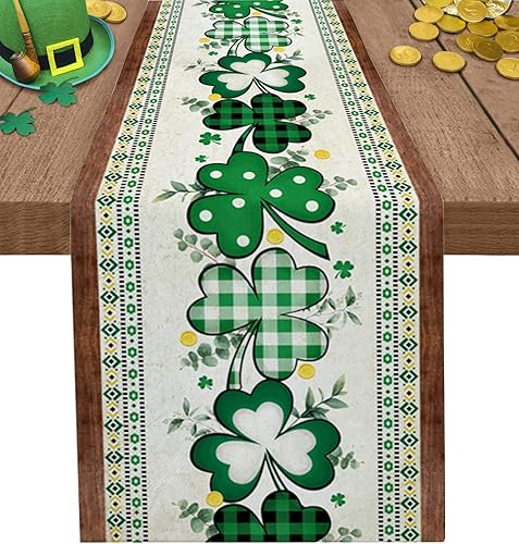 Camino de mesa de trébol verde del día de San Patricio diseño étnico hojas de trébol bufandas de temporada para decoración de mesa tribal para el