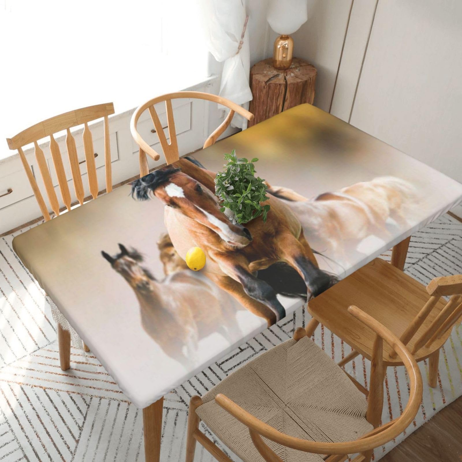 DCEHGEW Elastic Fitted Rectangle Tablecloth for 5ft Tables, Horses Printed Oilproof & Washable Fabric Picnic Table Cloth Table Covers