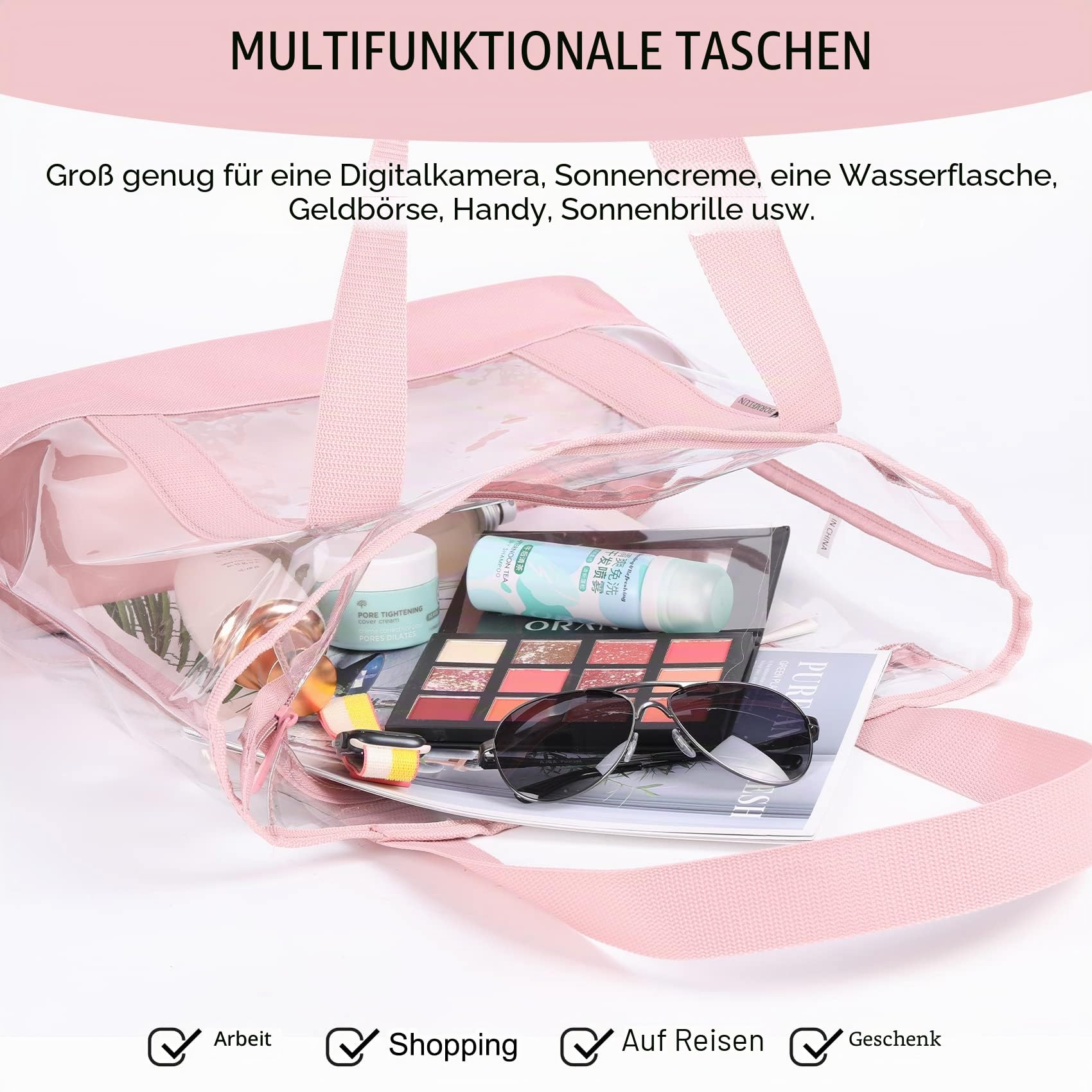 BORMELUN Transparente Tragetasche, Handtaschengriff mit Reißverschluss für die Arbeit, Kunststoff, transparent, durchsichtig